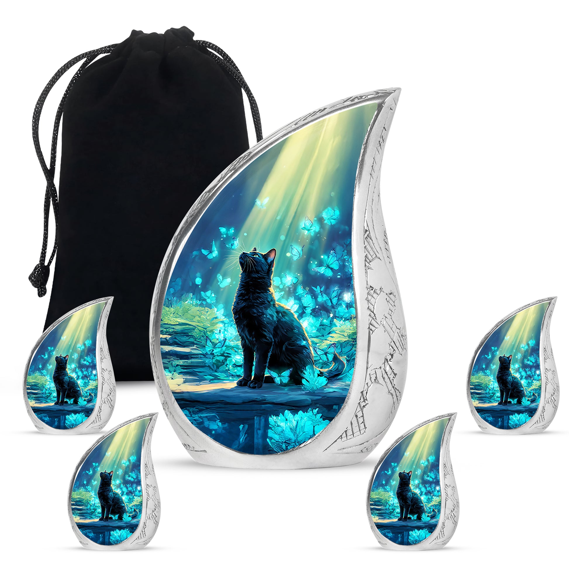 Serene Blue Cat Cremation Urn side profile showing urn shape - smooth teardrop contour featuring cat art - memorial set with one large and four small urns