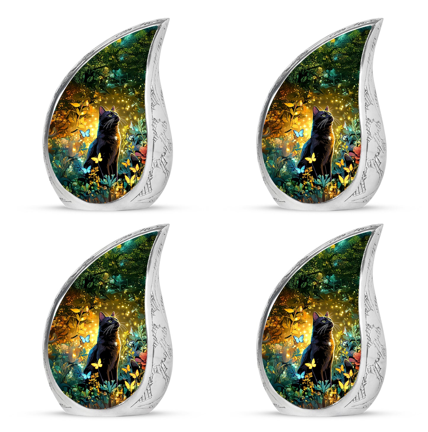 Harvest Gold Cat Cremation Urn close-up of engraving and surface detail - graceful tear-shaped urn with cat motif - 10 inch aluminum urn for cremated remains