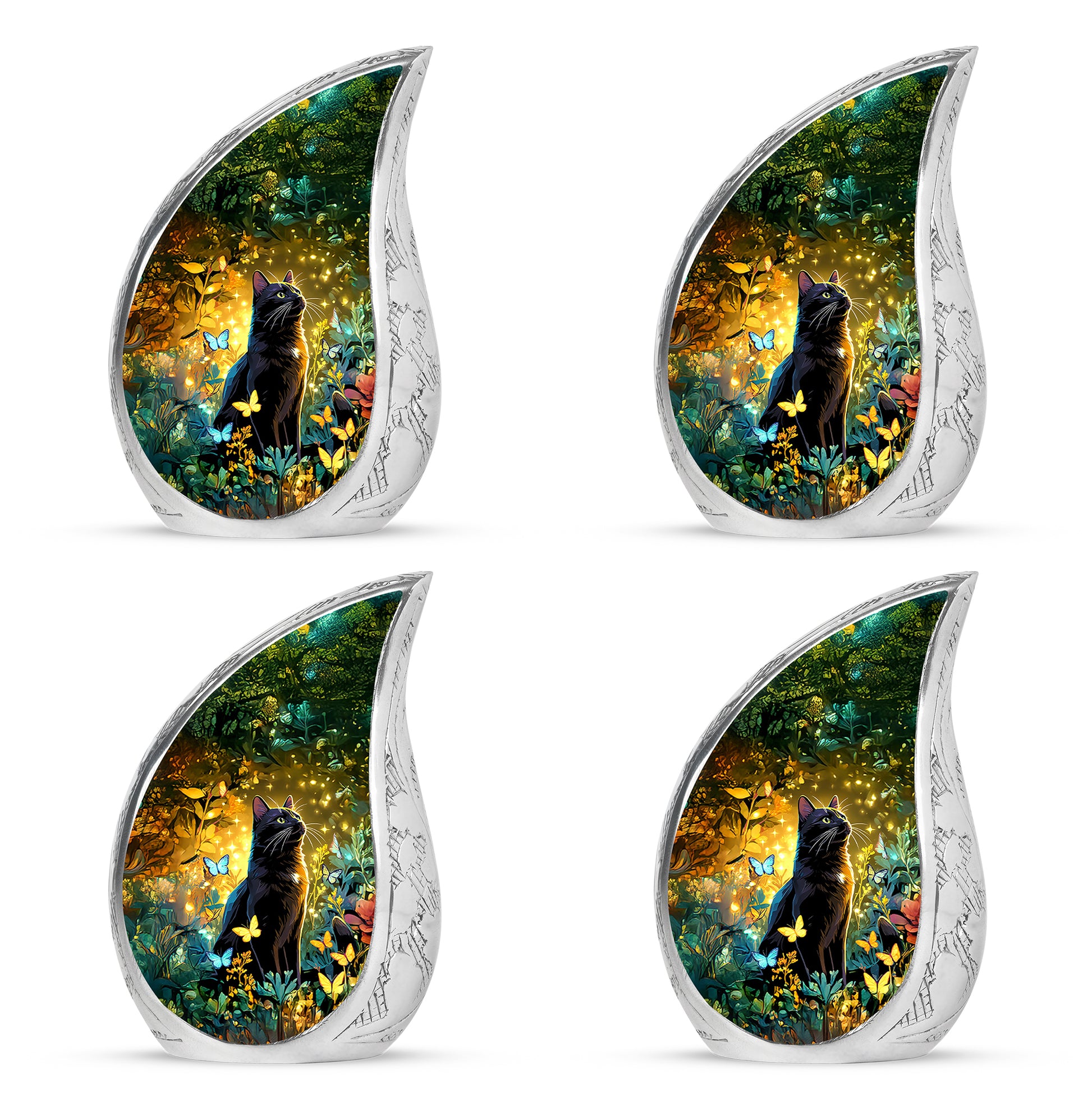Harvest Gold Cat Cremation Urn close-up of engraving and surface detail - graceful tear-shaped urn with cat motif - 10 inch aluminum urn for cremated remains