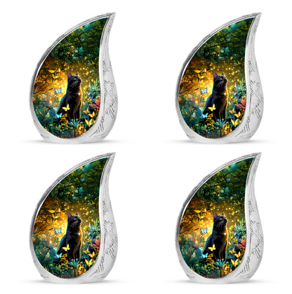 Harvest Gold Cat Cremation Urn close-up of engraving and surface detail - graceful tear-shaped urn with cat motif - 10 inch aluminum urn for cremated remains