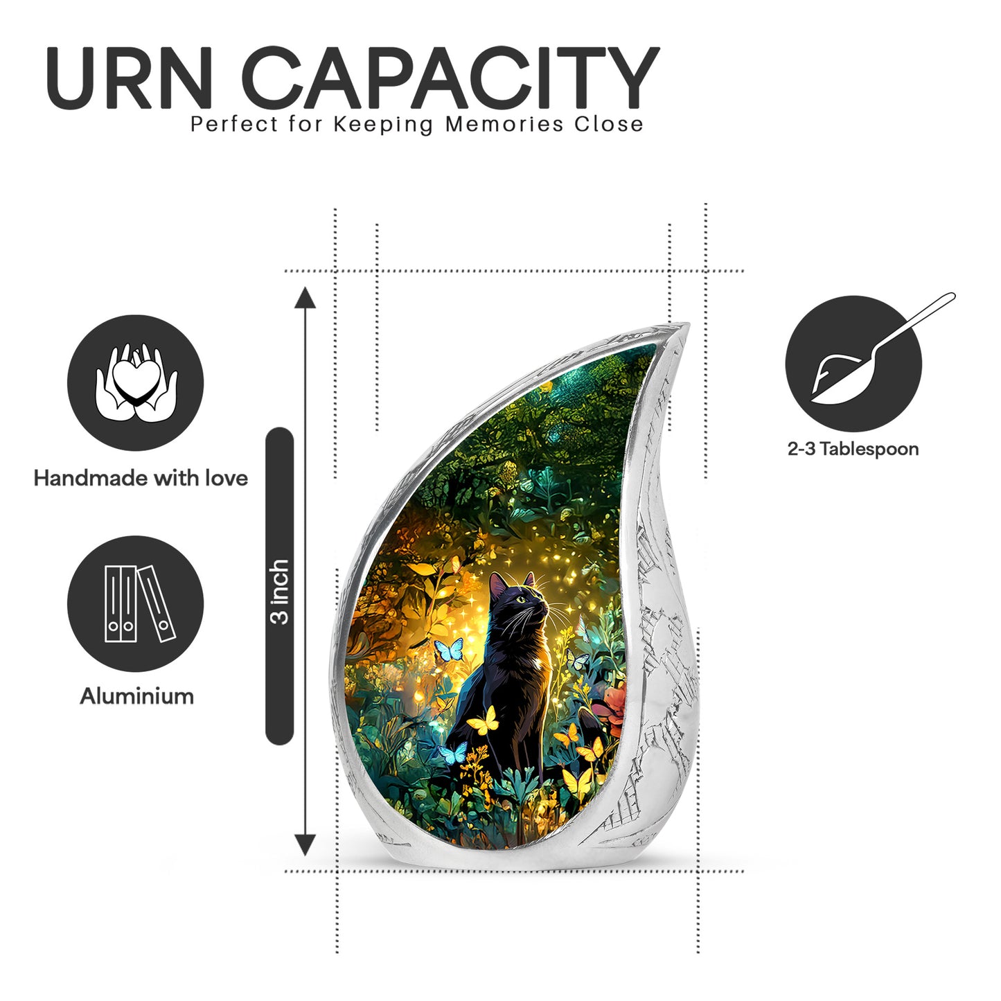 Royal Gold Cat Cremation Urn angled view of lid and engraved motif - graceful tear-shaped urn with cat motif - mini keepsake memorial for portion of cremation ashes
