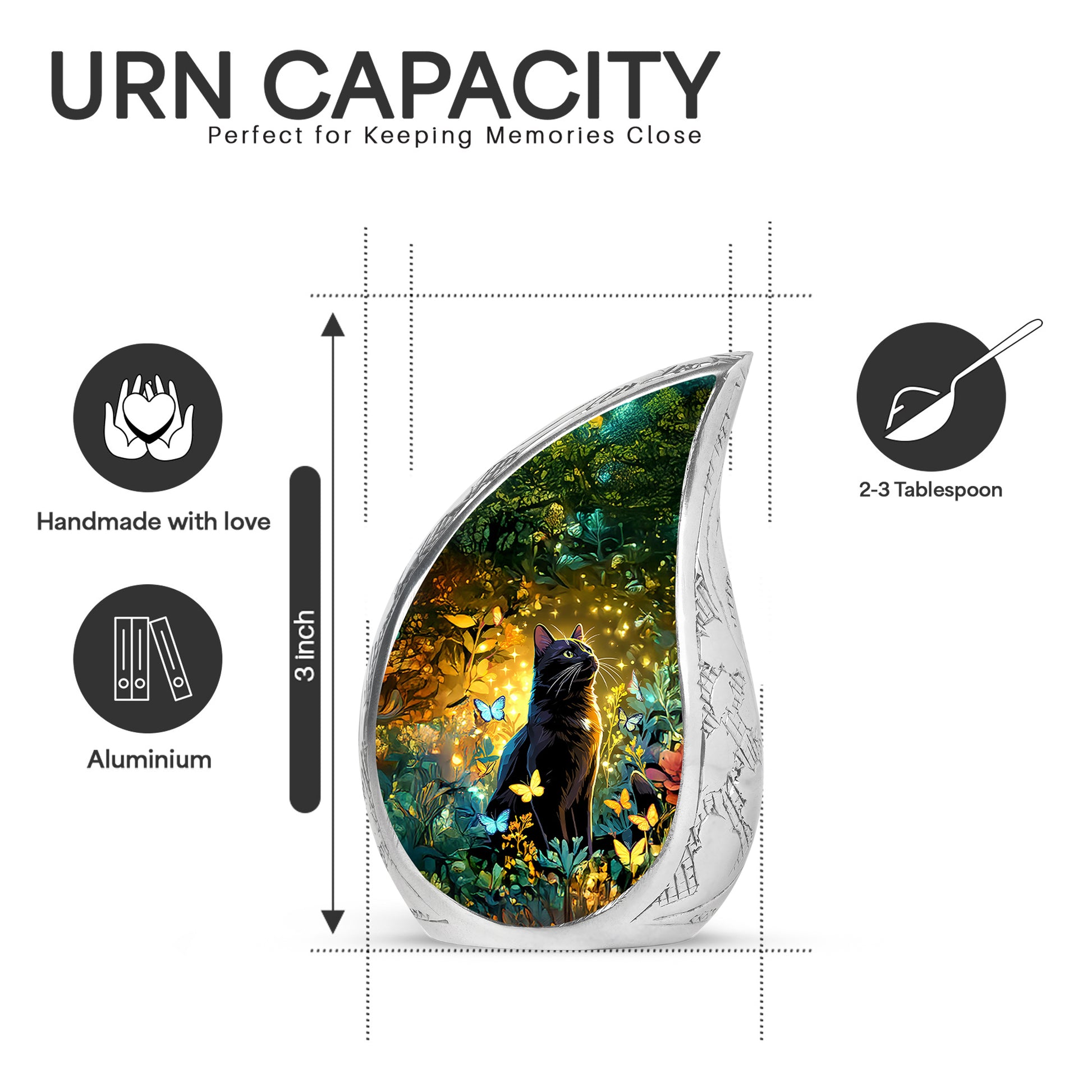Royal Gold Cat Cremation Urn angled view of lid and engraved motif - graceful tear-shaped urn with cat motif - mini keepsake memorial for portion of cremation ashes
