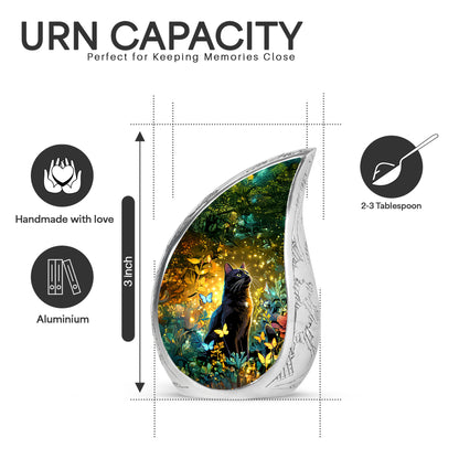 Royal Gold Cat Cremation Urn angled view of lid and engraved motif - graceful tear-shaped urn with cat motif - mini keepsake memorial for portion of cremation ashes