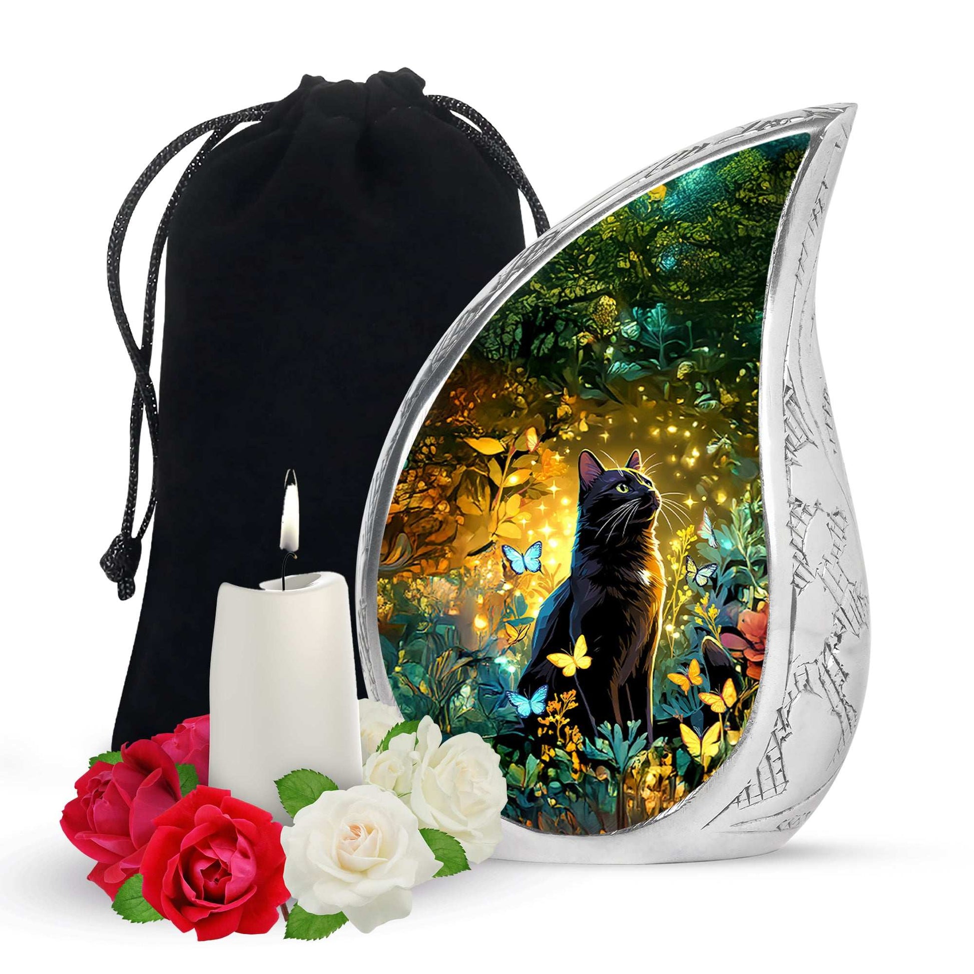 Black Cat Cremation Urn for Human Ashes - Colorful Butterflies Memorial Urn