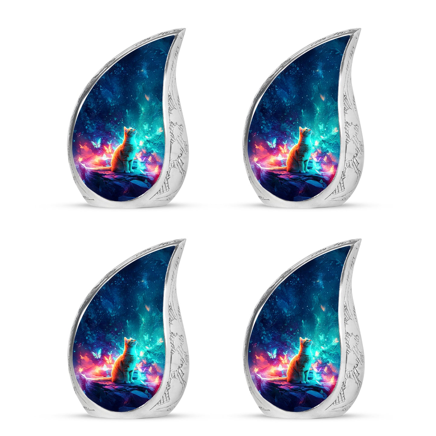 Sapphire Blue Cat Cremation Urn close-up of engraving and surface detail - smooth teardrop contour featuring cat art - 10 inch aluminum urn for cremated remains