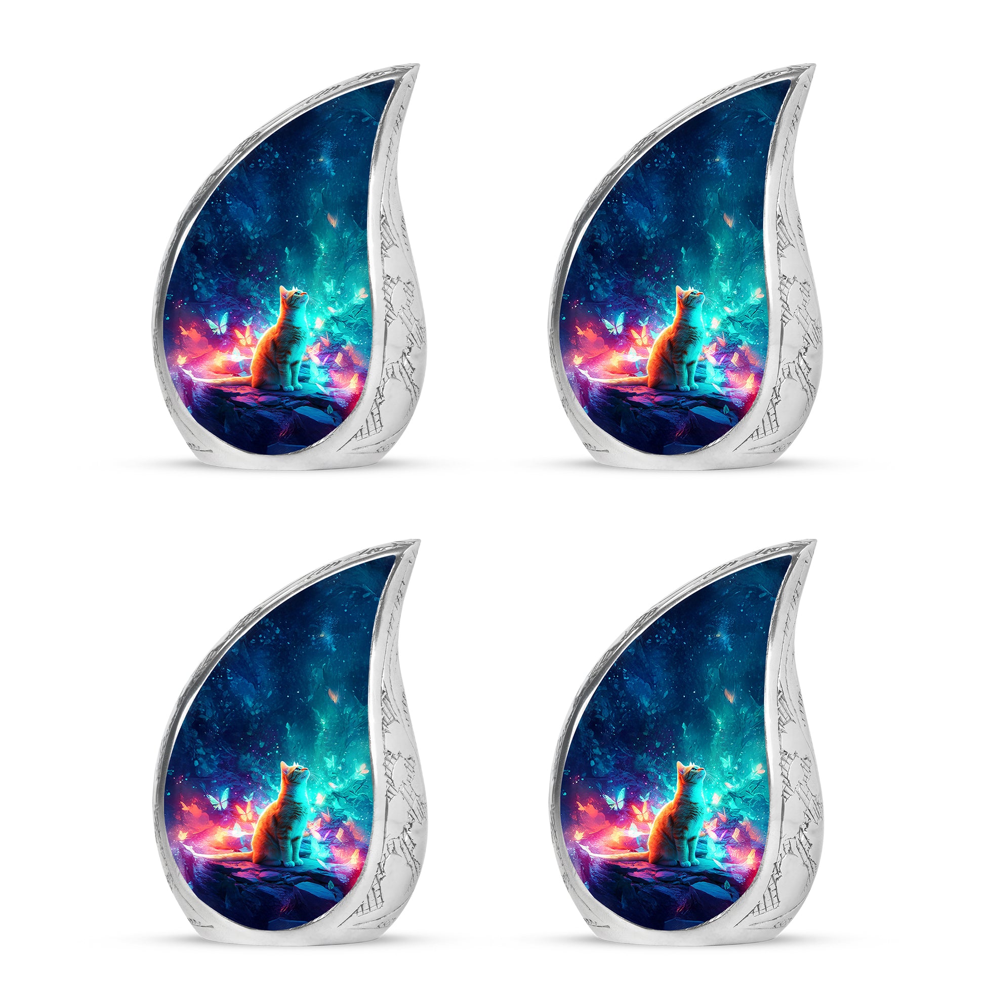 Sapphire Blue Cat Cremation Urn close-up of engraving and surface detail - smooth teardrop contour featuring cat art - 10 inch aluminum urn for cremated remains