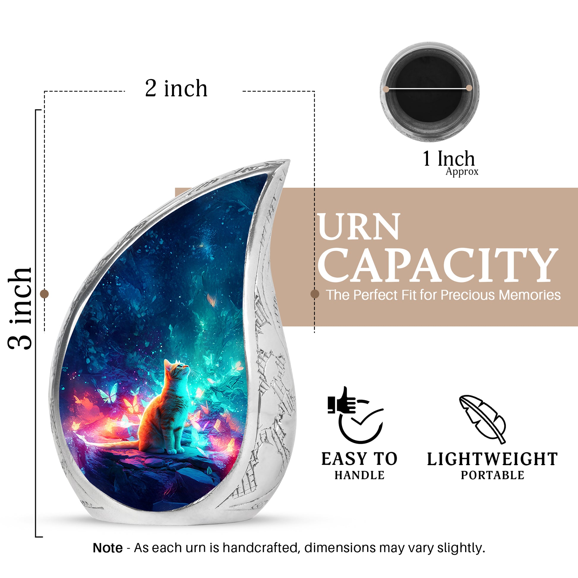 Sky Blue Cat Cremation Urn angled view of lid and engraved motif - flowing teardrop cat silhouette on curved aluminum - mini keepsake memorial for portion of cremation ashes