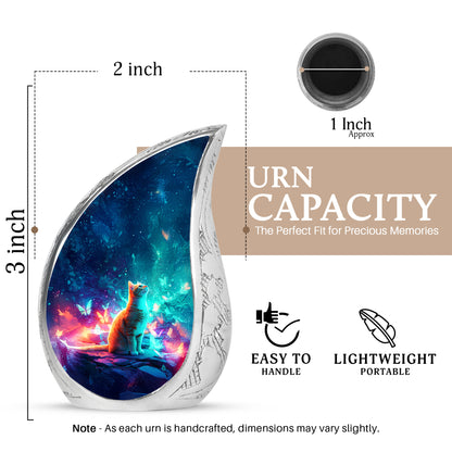 Sky Blue Cat Cremation Urn angled view of lid and engraved motif - flowing teardrop cat silhouette on curved aluminum - mini keepsake memorial for portion of cremation ashes