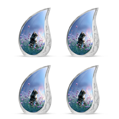 Calming Blue Cat Cremation Urn close-up of engraving and surface detail - graceful tear-shaped urn with cat motif - 10 inch aluminum urn for cremated remains