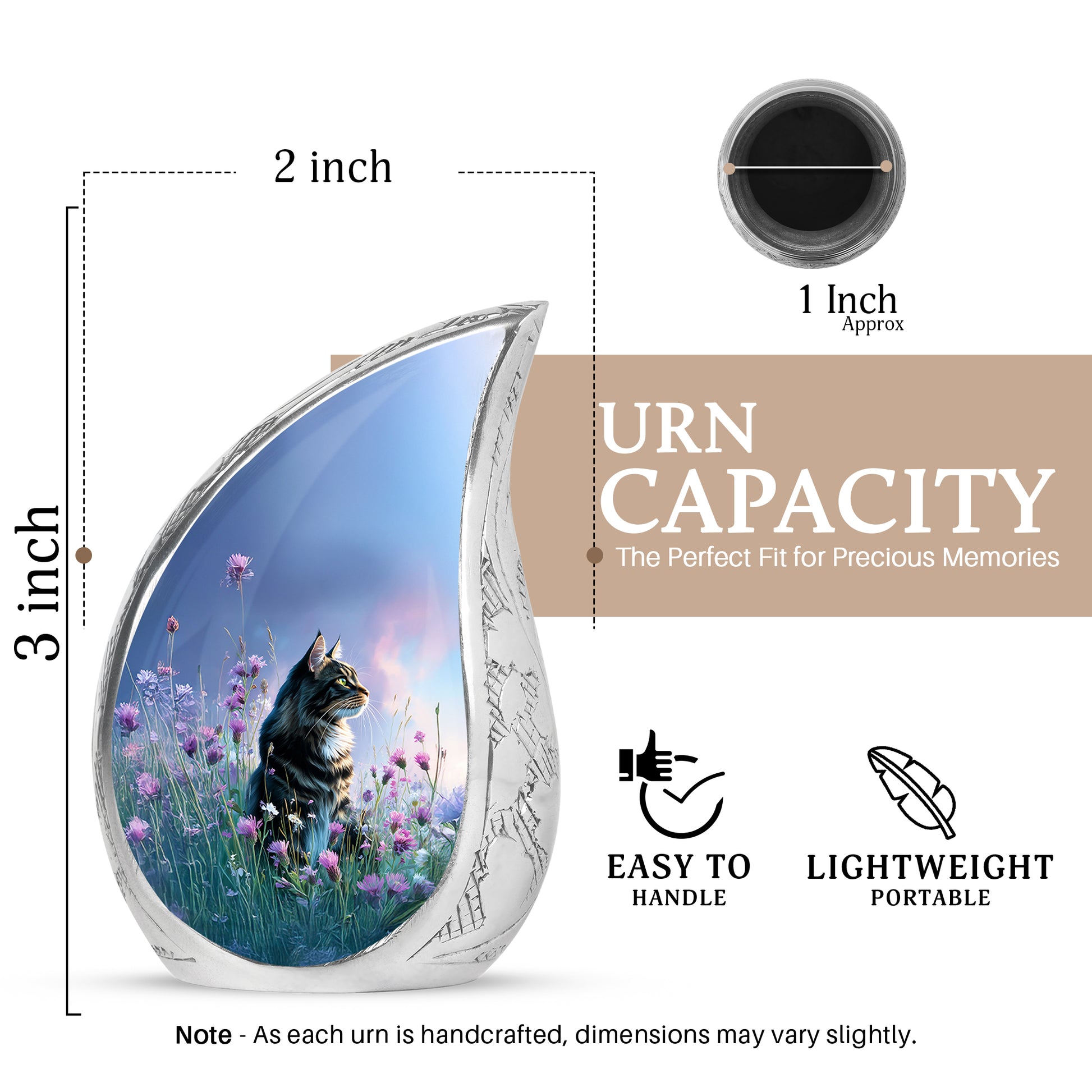 Dusty Blue Cat Cremation Urn angled view of lid and engraved motif - flowing teardrop cat silhouette on curved aluminum - mini keepsake memorial for portion of cremation ashes