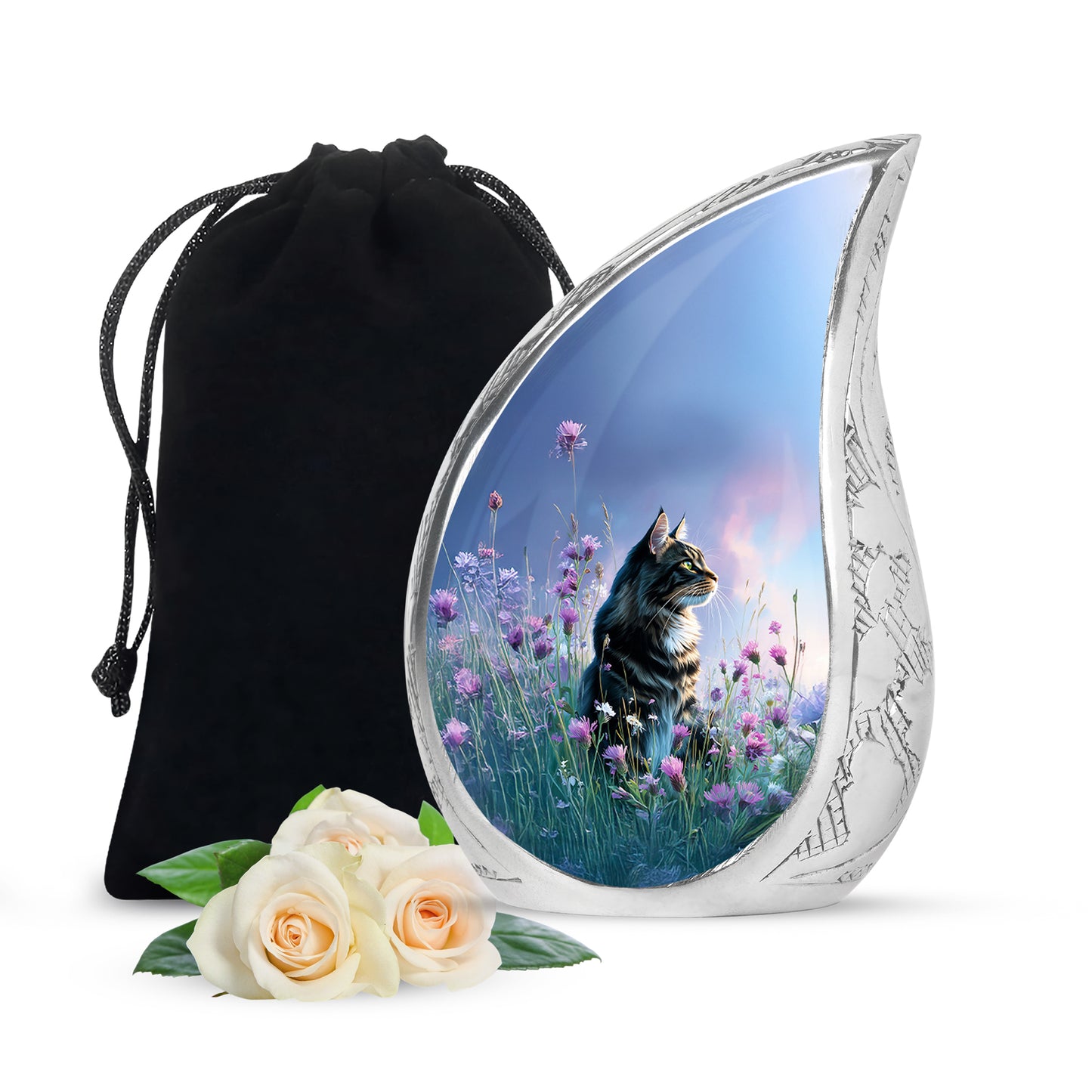 Pastel Blue Cat Cremation Urn front view showing detailed design - flowing teardrop cat silhouette on curved aluminum - full-size 10 inch 200 cubic inch adult cremation urn