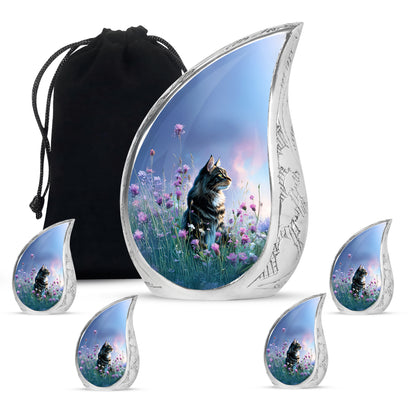 Pastel Blue Cat Cremation Urn side profile showing urn shape - rounded teardrop cat design with delicate detail - memorial set with one large and four small urns