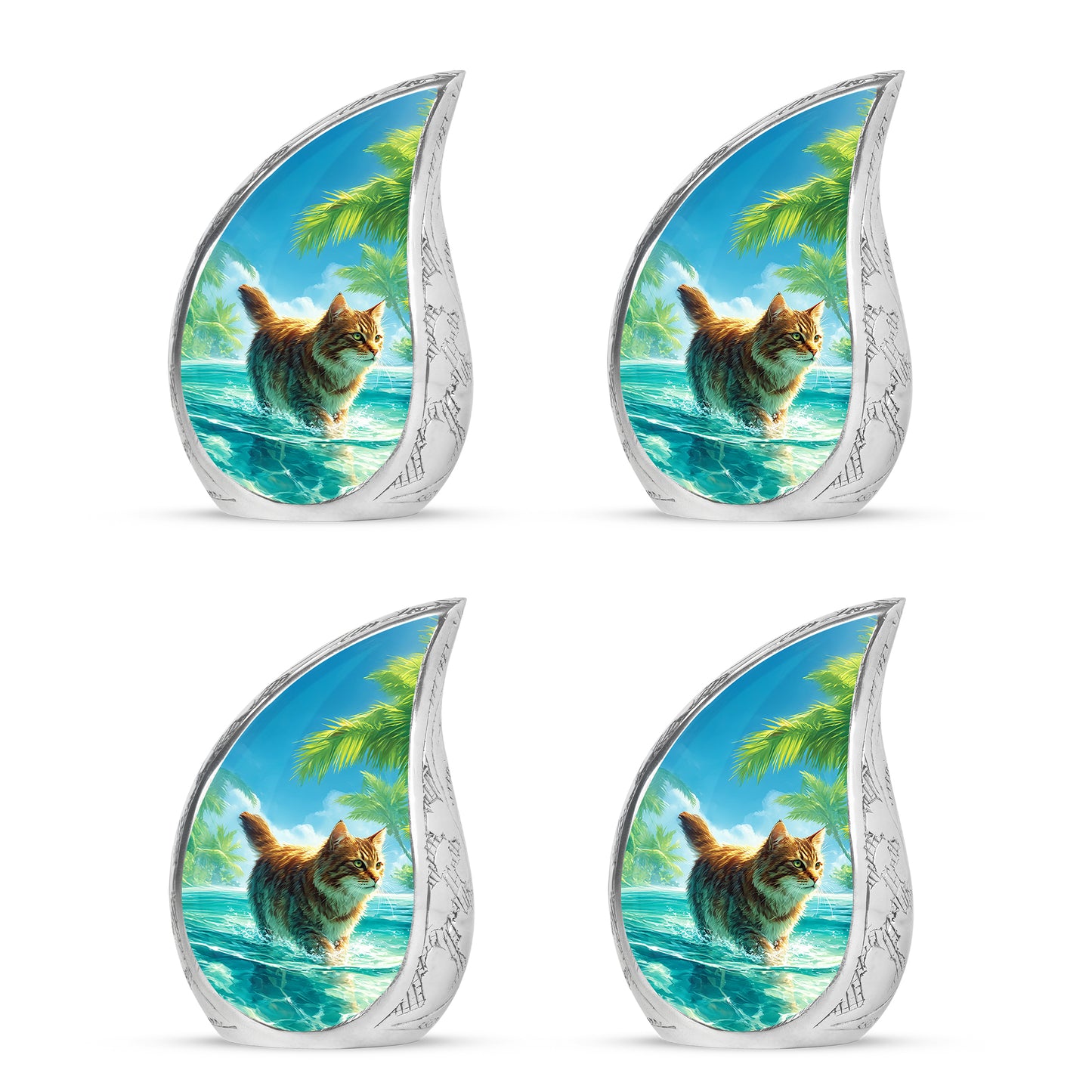 Celestial Blue Cat Cremation Urn close-up of engraving and surface detail - rounded teardrop cat design with delicate detail - 10 inch aluminum urn for cremated remains