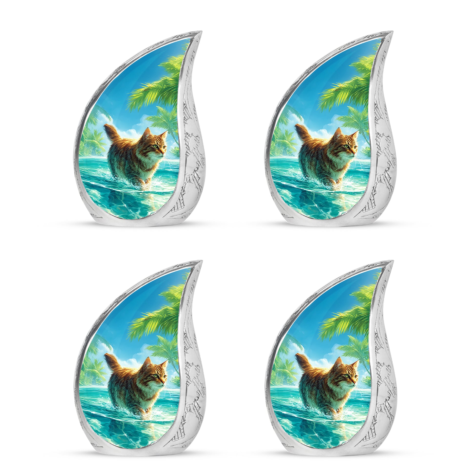 Celestial Blue Cat Cremation Urn close-up of engraving and surface detail - rounded teardrop cat design with delicate detail - 10 inch aluminum urn for cremated remains