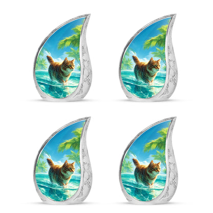 Celestial Blue Cat Cremation Urn close-up of engraving and surface detail - rounded teardrop cat design with delicate detail - 10 inch aluminum urn for cremated remains