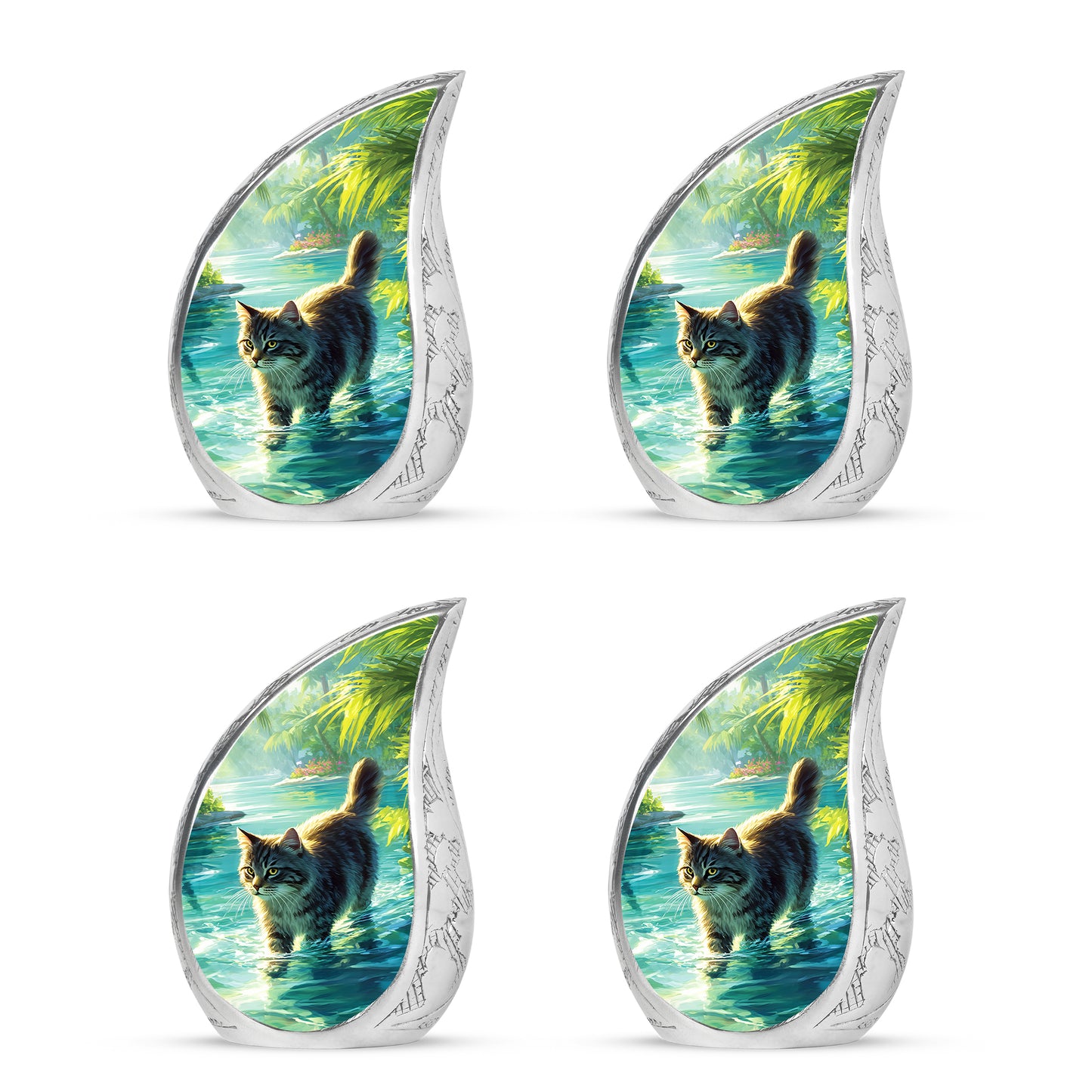 Emerald Green Cat Cremation Urn close-up of engraving and surface detail - rounded teardrop cat design with delicate detail - 10 inch aluminum urn for cremated remains