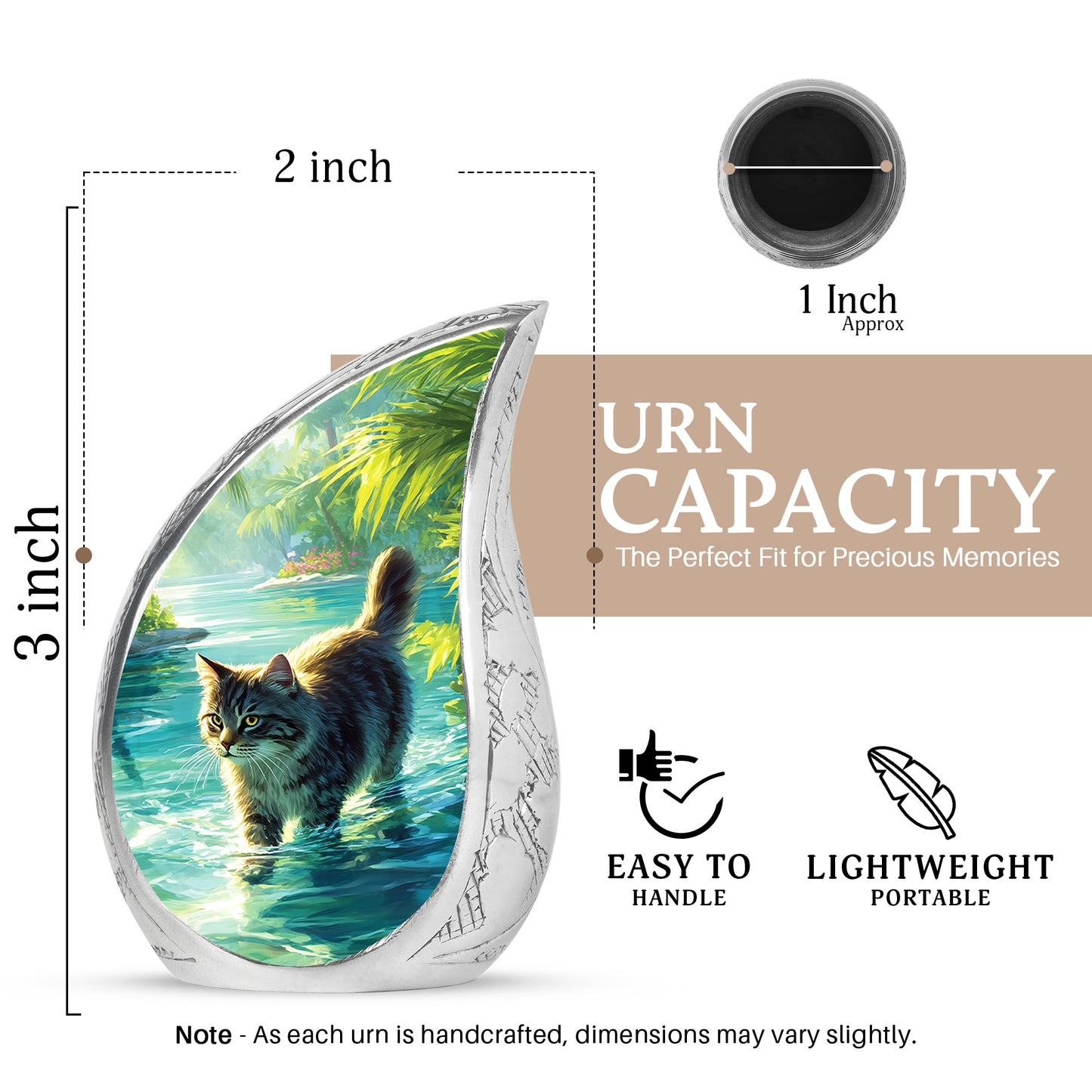 Forest Green Cat Cremation Urn angled view of lid and engraved motif - smooth teardrop contour featuring cat art - mini keepsake memorial for portion of cremation ashes