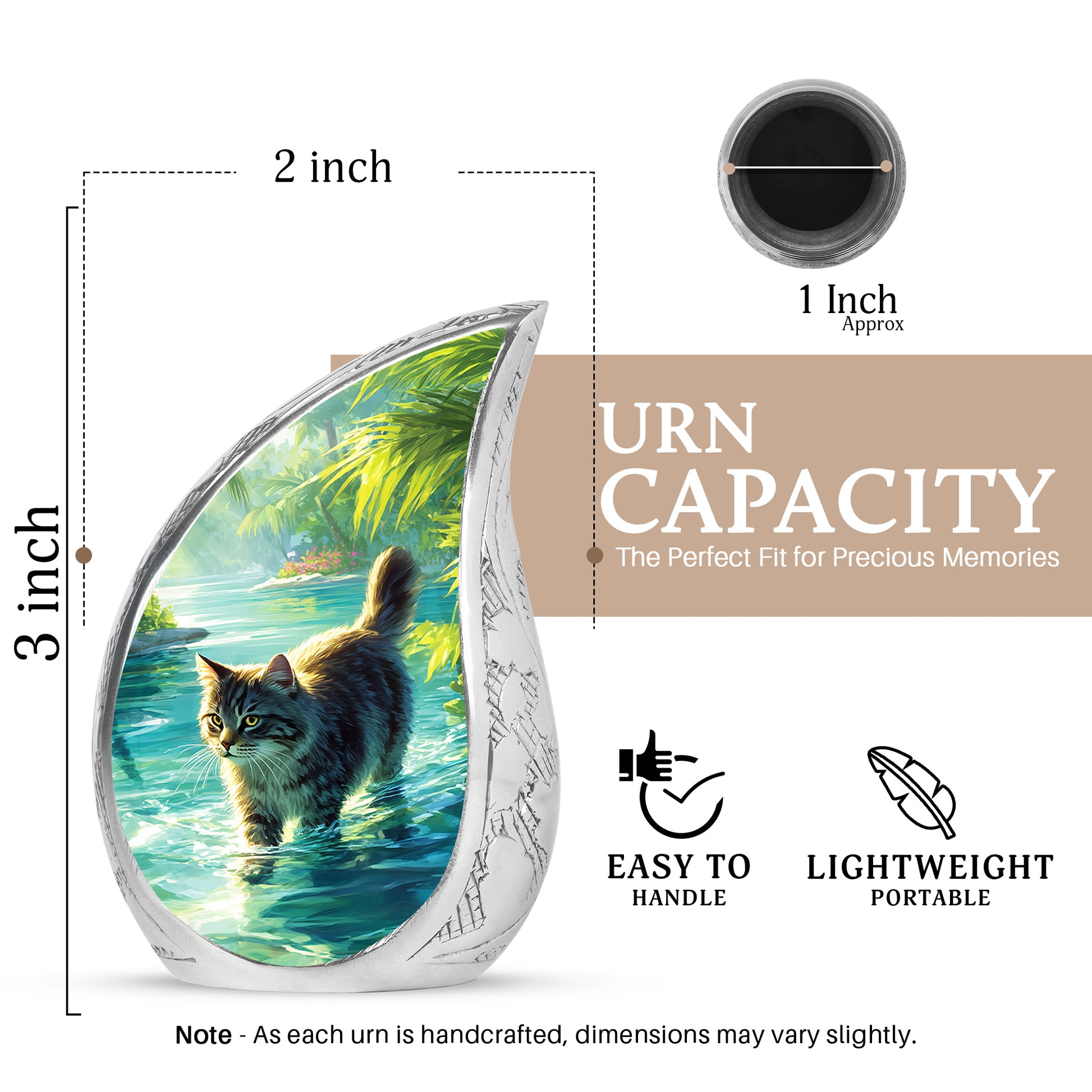Forest Green Cat Cremation Urn angled view of lid and engraved motif - smooth teardrop contour featuring cat art - mini keepsake memorial for portion of cremation ashes