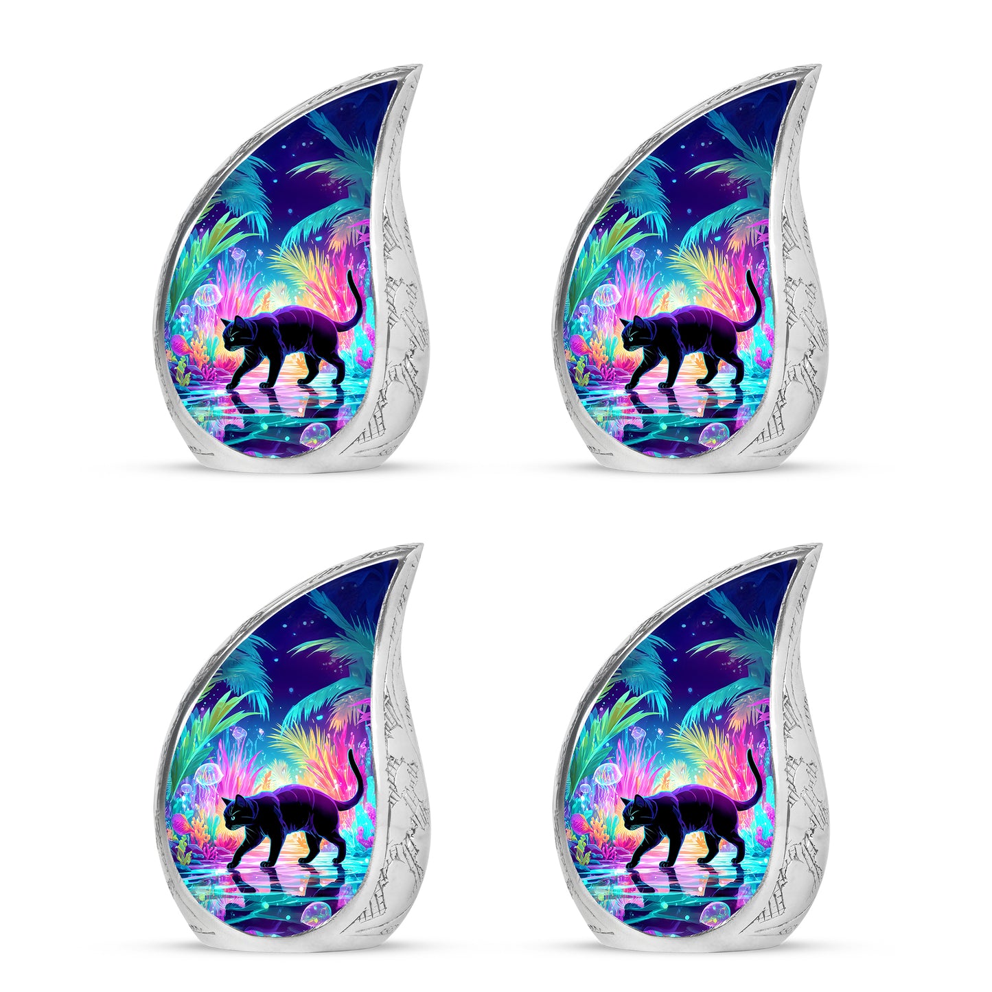 Cornflower Blue Cat Cremation Urn close-up of engraving and surface detail - smooth teardrop contour featuring cat art - 10 inch aluminum urn for cremated remains