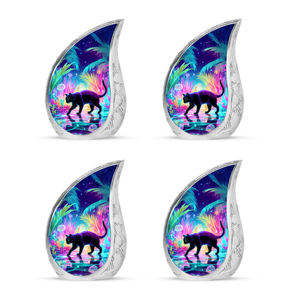 Cornflower Blue Cat Cremation Urn close-up of engraving and surface detail - smooth teardrop contour featuring cat art - 10 inch aluminum urn for cremated remains