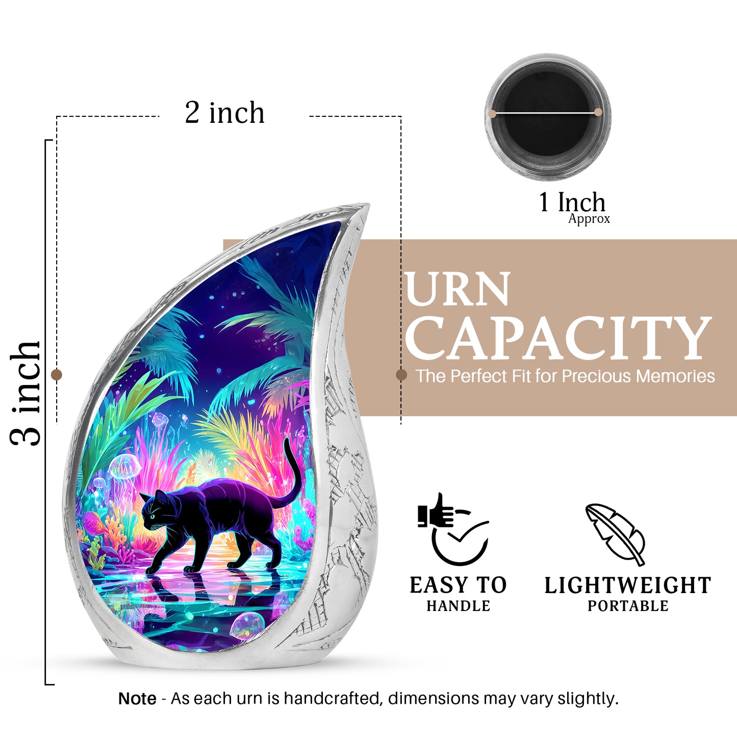Pastel Blue Cat Cremation Urn angled view of lid and engraved motif - rounded teardrop cat design with delicate detail - mini keepsake memorial for portion of cremation ashes