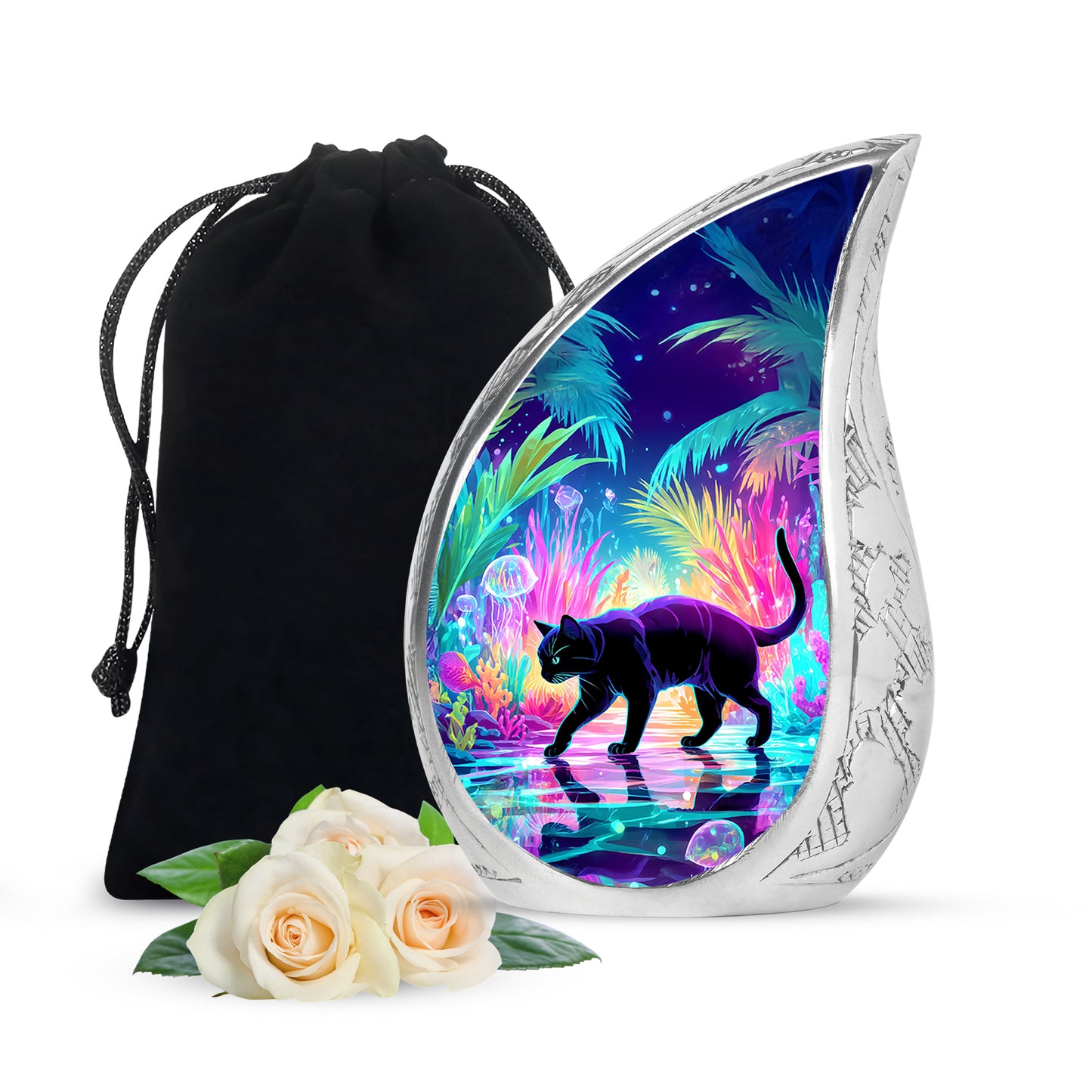 Cobalt Blue Cat Cremation Urn front view showing detailed design - graceful tear-shaped urn with cat motif - full-size 10 inch 200 cubic inch adult cremation urn