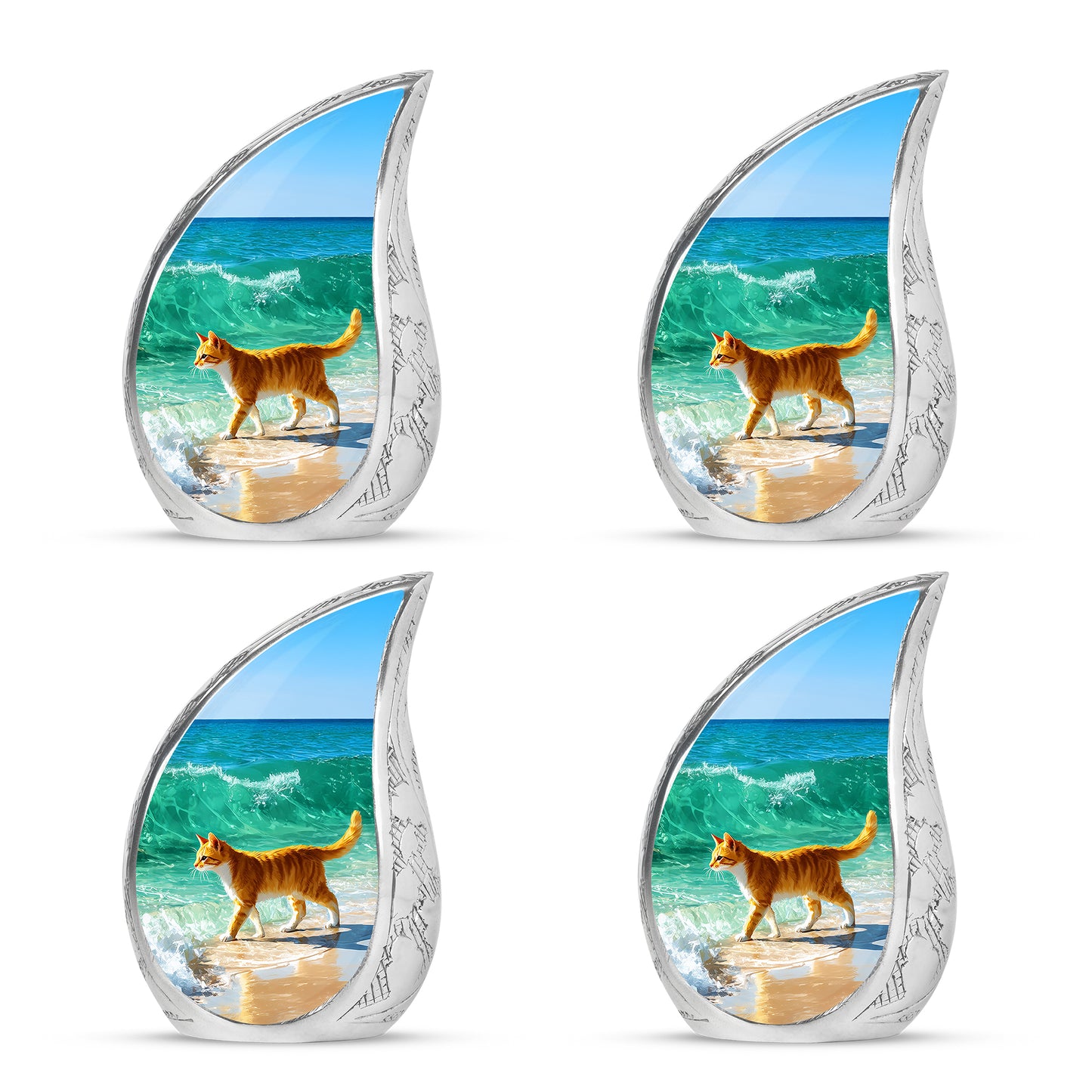 Celestial Blue Cat Cremation Urn close-up of engraving and surface detail - flowing teardrop cat silhouette on curved aluminum - 10 inch aluminum urn for cremated remains