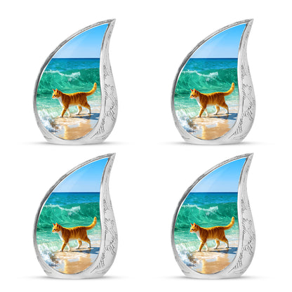 Celestial Blue Cat Cremation Urn close-up of engraving and surface detail - flowing teardrop cat silhouette on curved aluminum - 10 inch aluminum urn for cremated remains