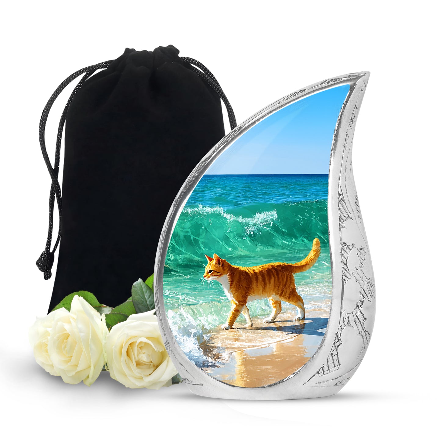 Bright Blue Cat Cremation Urn front view showing detailed design - smooth teardrop contour featuring cat art - full-size 10 inch 200 cubic inch adult cremation urn