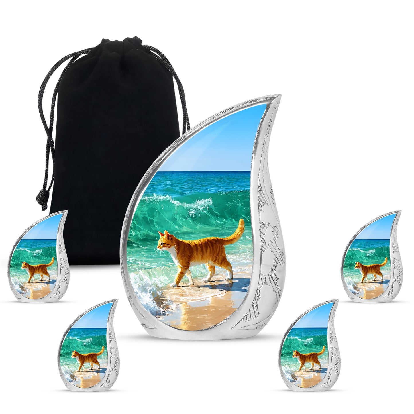 Azure Cat Cremation Urn side profile showing urn shape - flowing teardrop cat silhouette on curved aluminum - memorial set with one large and four small urns