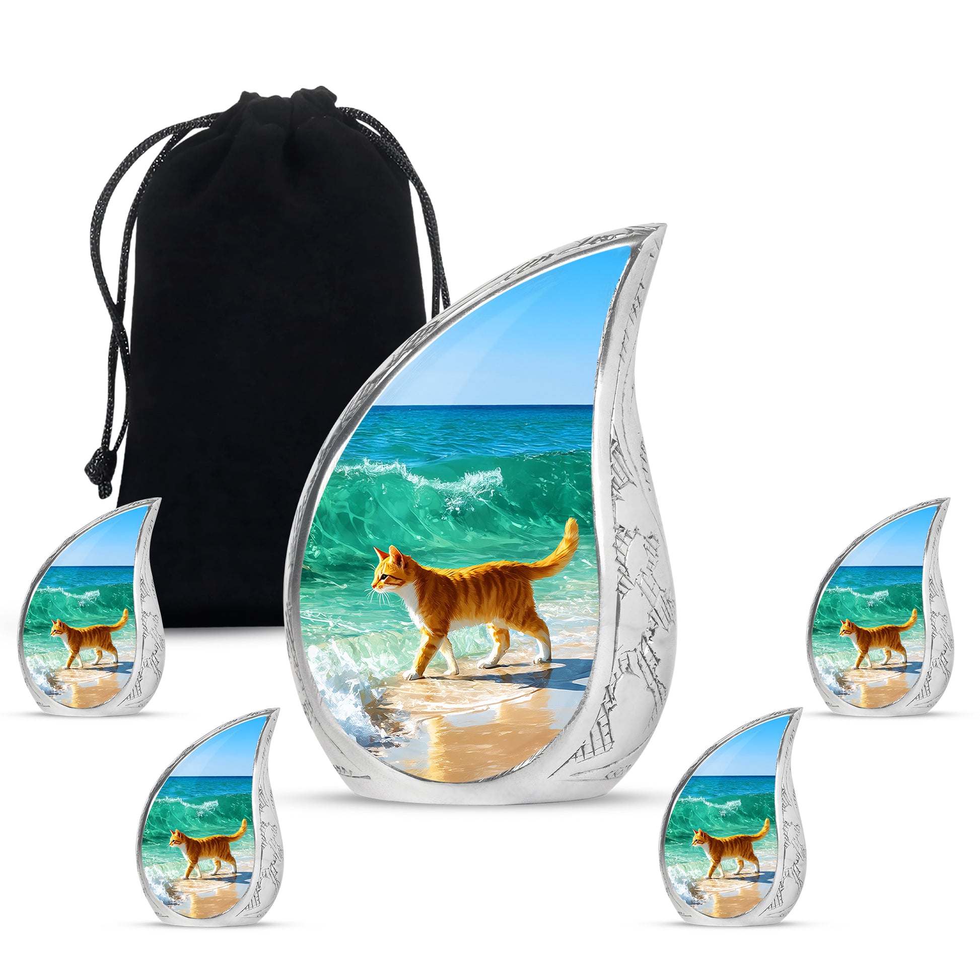 Azure Cat Cremation Urn side profile showing urn shape - flowing teardrop cat silhouette on curved aluminum - memorial set with one large and four small urns