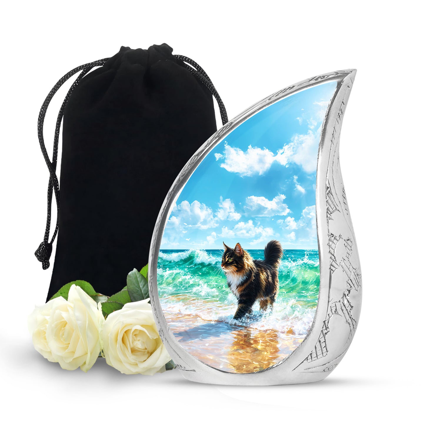 Royal Blue Cat Cremation Urn front view showing detailed design - graceful tear-shaped urn with cat motif - full-size 10 inch 200 cubic inch adult cremation urn