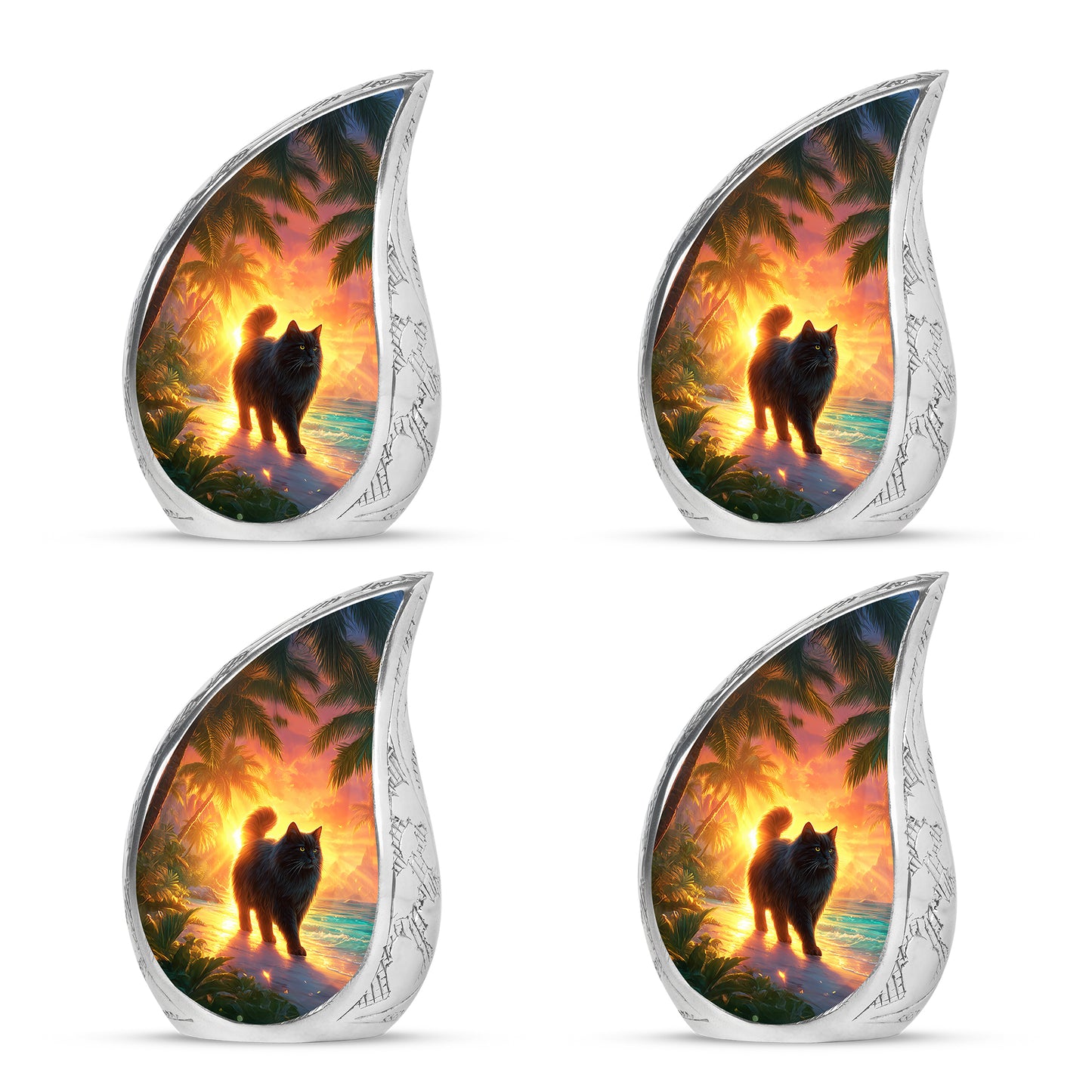 Garnet Red Cat Cremation Urn close-up of engraving and surface detail - rounded teardrop cat design with delicate detail - 10 inch aluminum urn for cremated remains