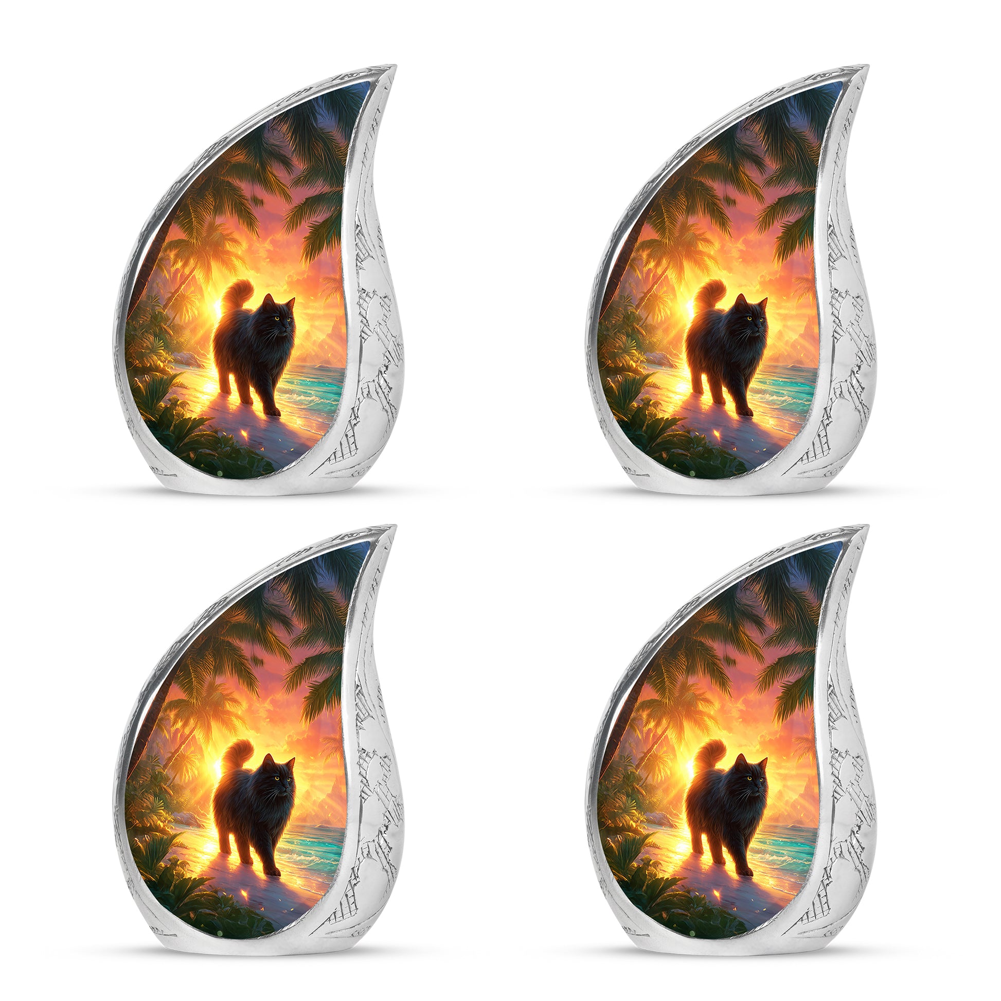 Garnet Red Cat Cremation Urn close-up of engraving and surface detail - rounded teardrop cat design with delicate detail - 10 inch aluminum urn for cremated remains