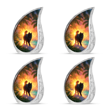 Garnet Red Cat Cremation Urn close-up of engraving and surface detail - rounded teardrop cat design with delicate detail - 10 inch aluminum urn for cremated remains