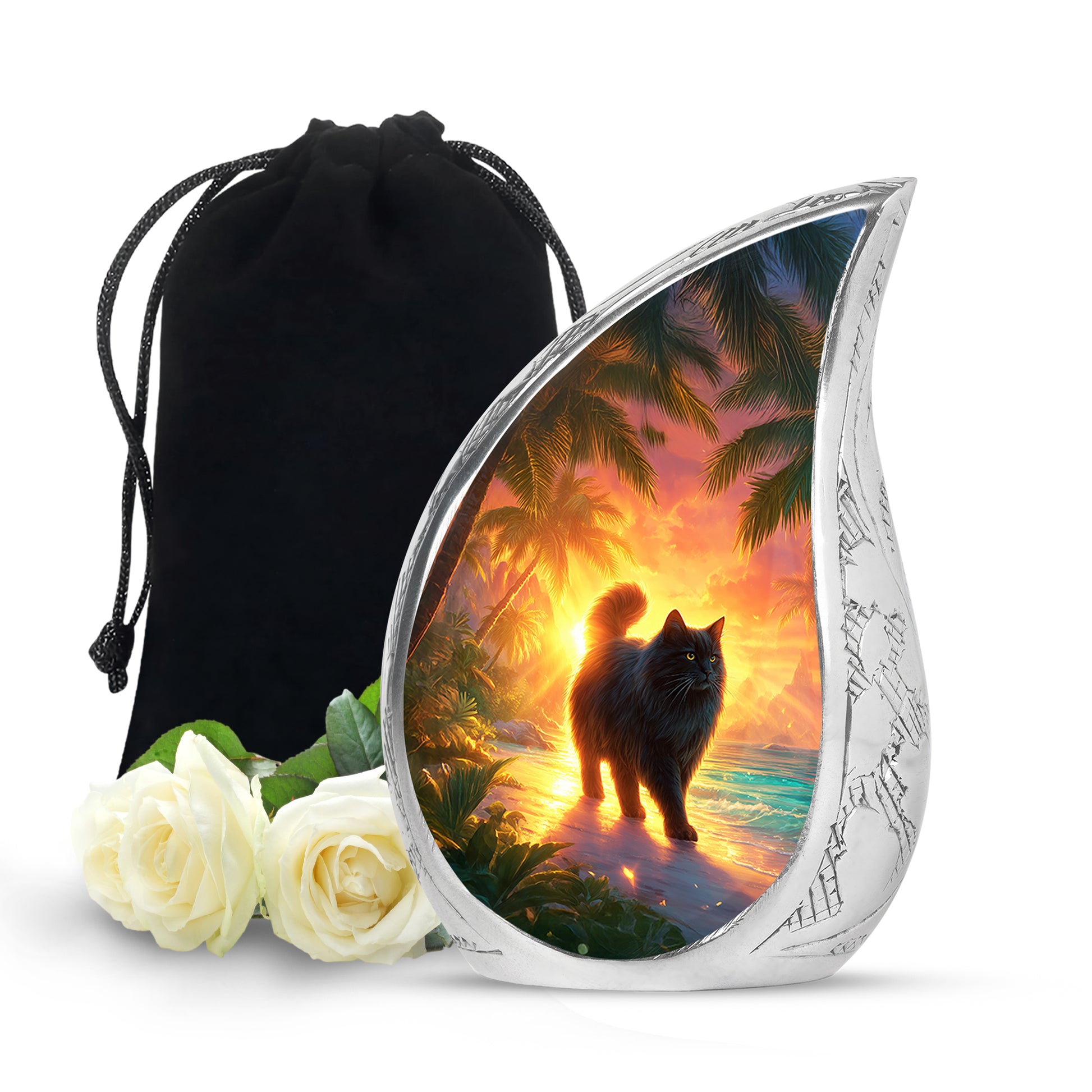 Garnet Red Cat Cremation Urn front view showing detailed design - flowing teardrop cat silhouette on curved aluminum - full-size 10 inch 200 cubic inch adult cremation urn