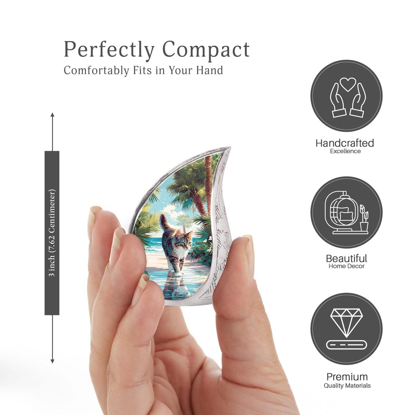 Deep Teal Cat Cremation Urn angled view of lid and engraved motif - smooth teardrop contour featuring cat art - mini keepsake memorial for portion of cremation ashes