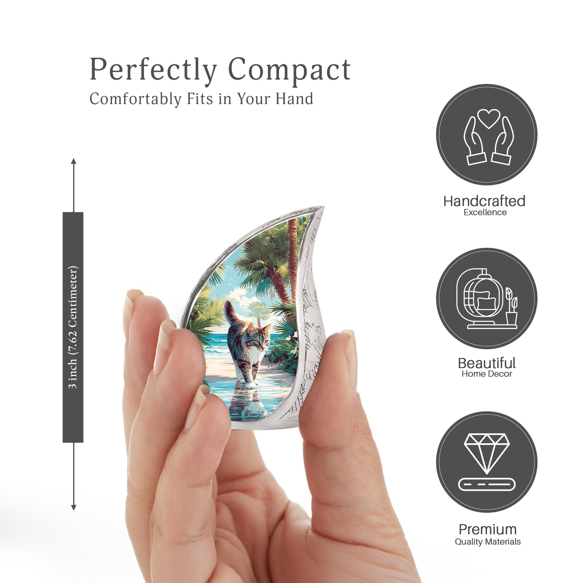 Deep Teal Cat Cremation Urn angled view of lid and engraved motif - smooth teardrop contour featuring cat art - mini keepsake memorial for portion of cremation ashes