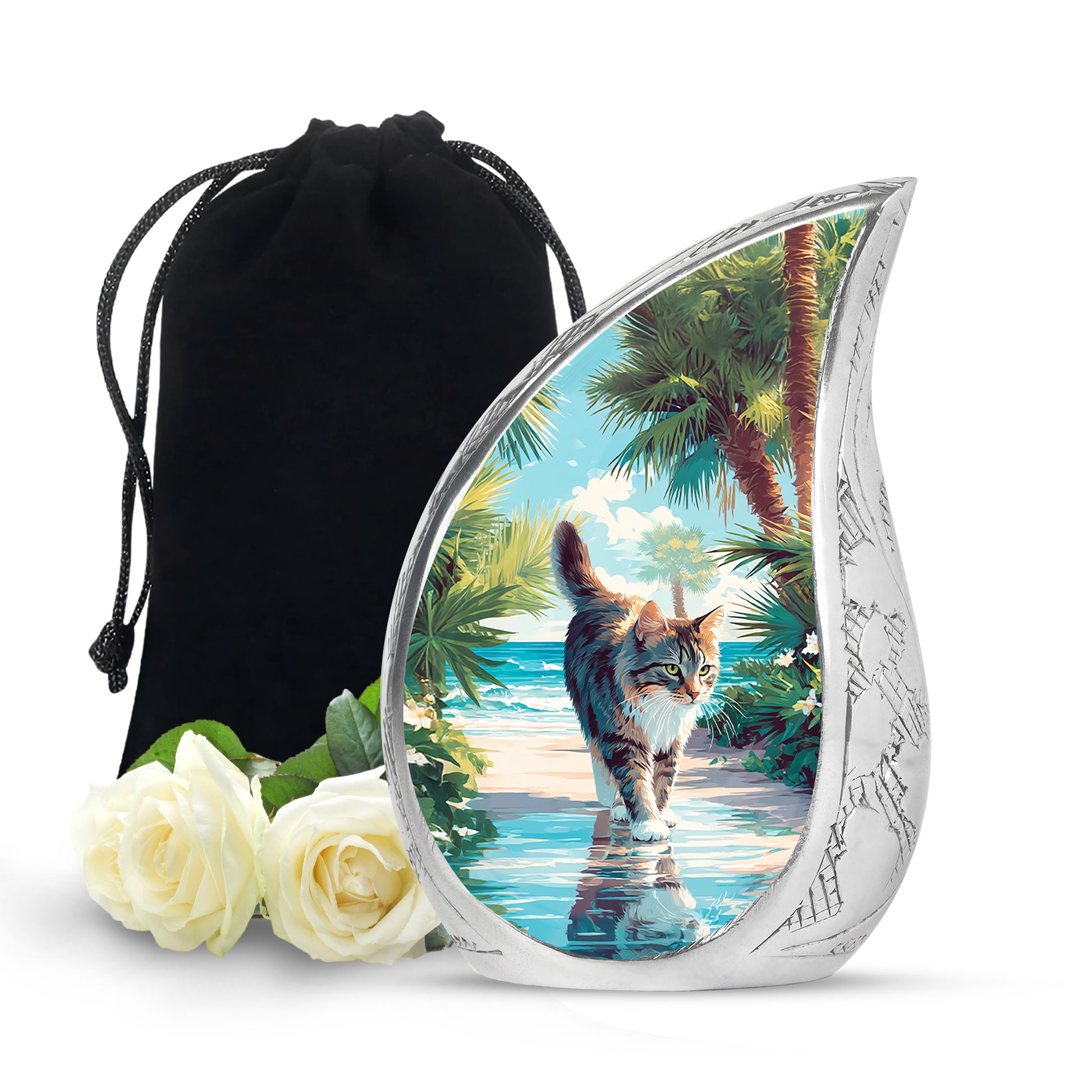 Soft Teal Cat Cremation Urn front view showing detailed design - flowing teardrop cat silhouette on curved aluminum - full-size 10 inch 200 cubic inch adult cremation urn