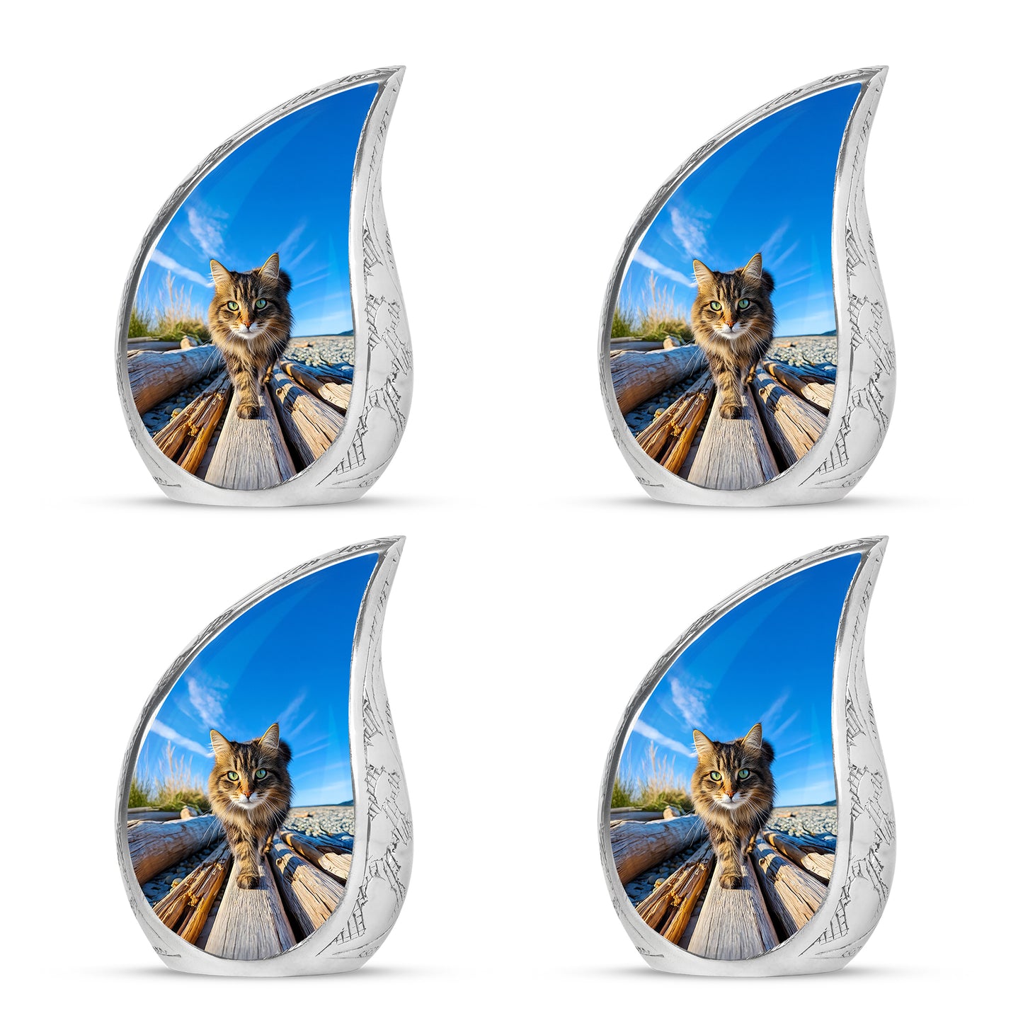 Steel Blue Cat Cremation Urn close-up of engraving and surface detail - smooth teardrop contour featuring cat art - 10 inch aluminum urn for cremated remains