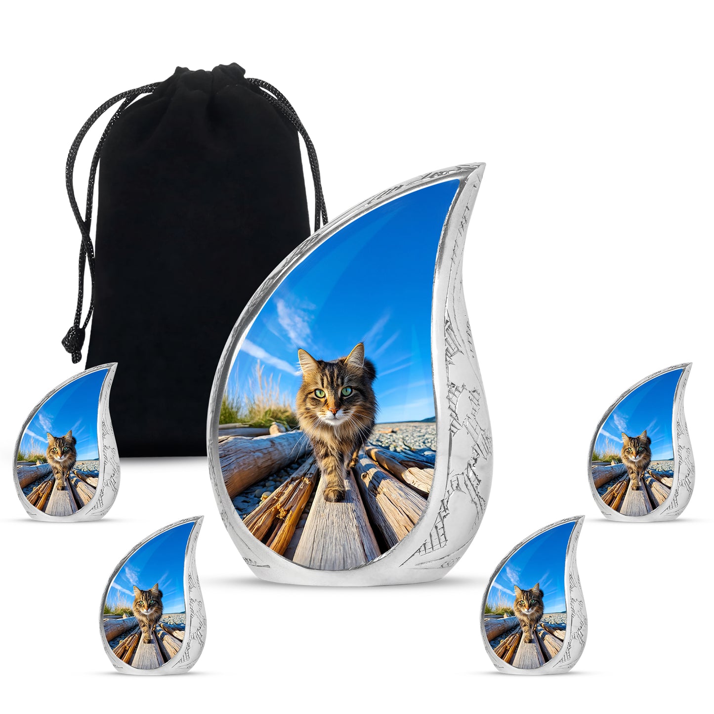 Powder Blue Cat Cremation Urn side profile showing urn shape - flowing teardrop cat silhouette on curved aluminum - memorial set with one large and four small urns