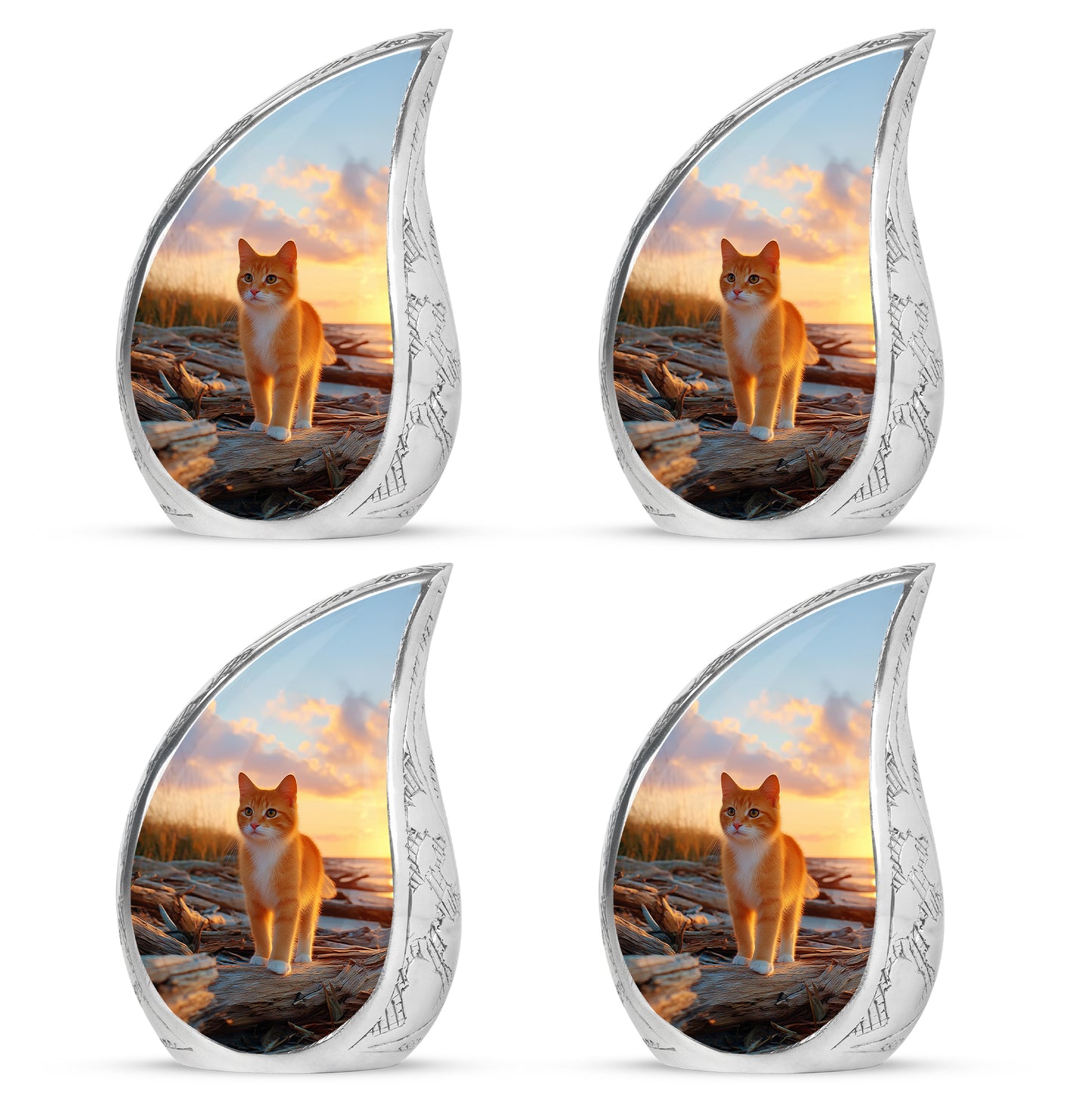 Royal Blue Cat Cremation Urn close-up of engraving and surface detail - smooth teardrop contour featuring cat art - 10 inch aluminum urn for cremated remains