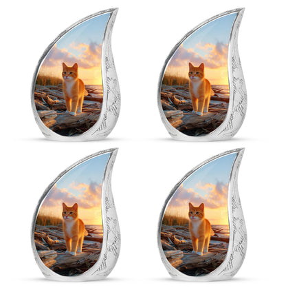 Royal Blue Cat Cremation Urn close-up of engraving and surface detail - smooth teardrop contour featuring cat art - 10 inch aluminum urn for cremated remains