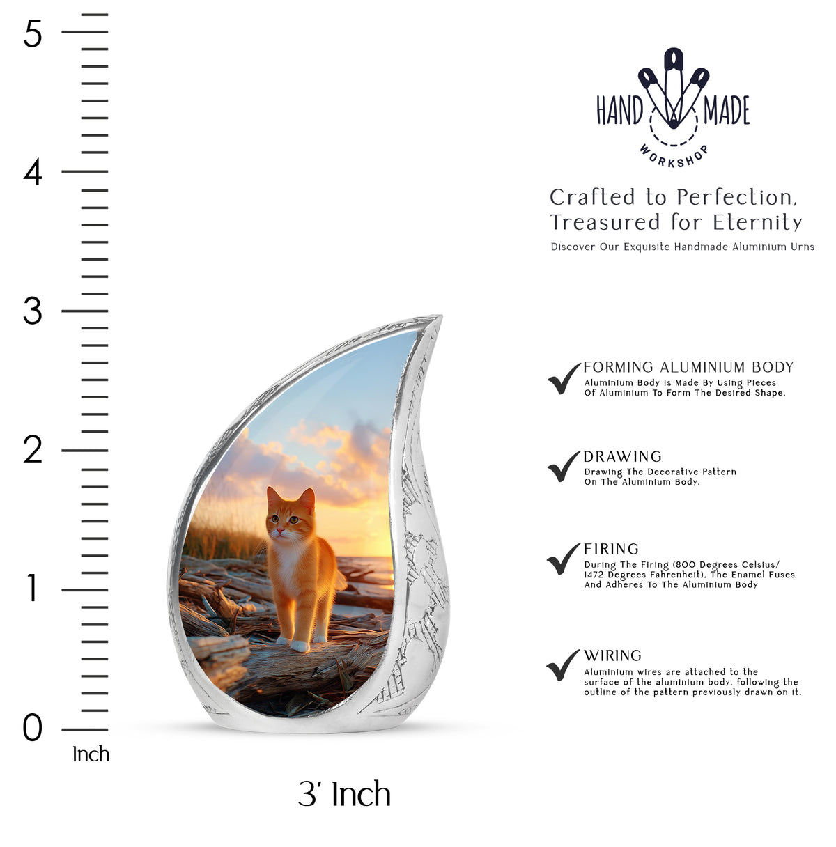 Serene Blue Cat Cremation Urn angled view of lid and engraved motif - graceful tear-shaped urn with cat motif - mini keepsake memorial for portion of cremation ashes