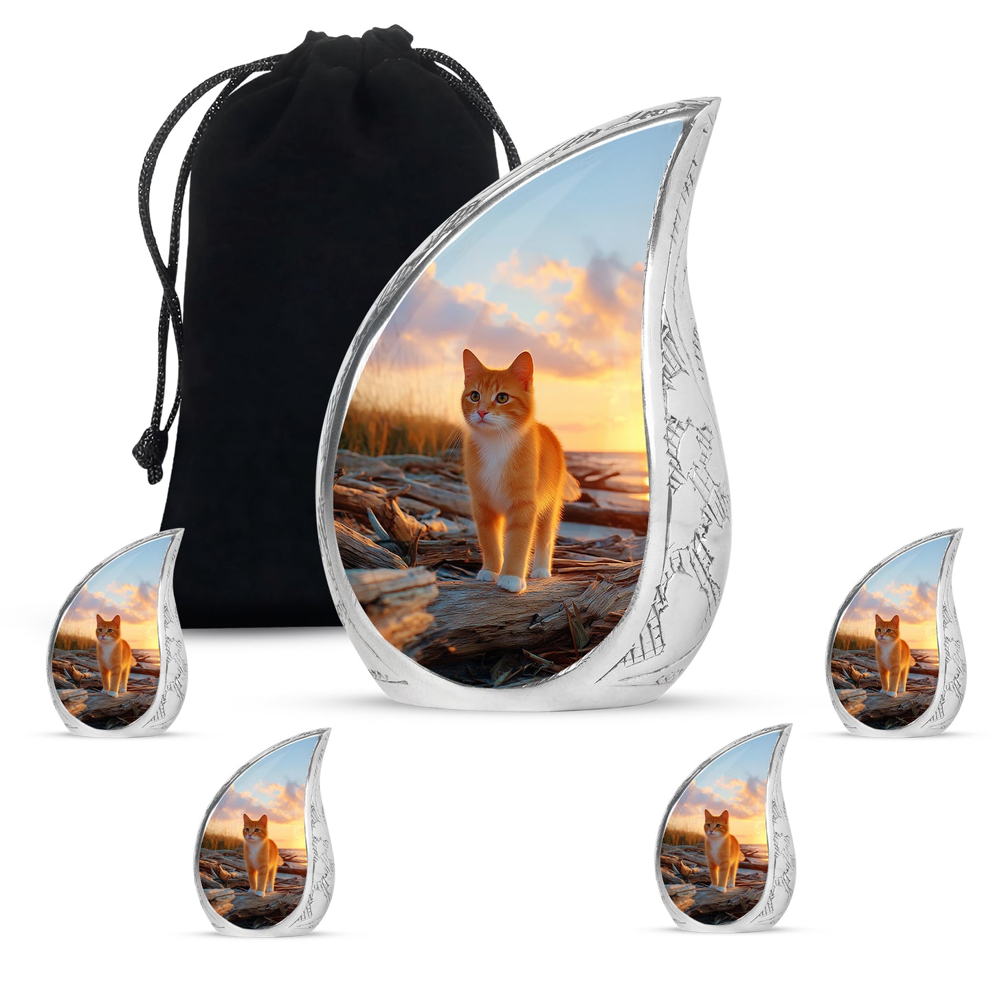 Soft Blue Cat Cremation Urn side profile showing urn shape - graceful tear-shaped urn with cat motif - memorial set with one large and four small urns