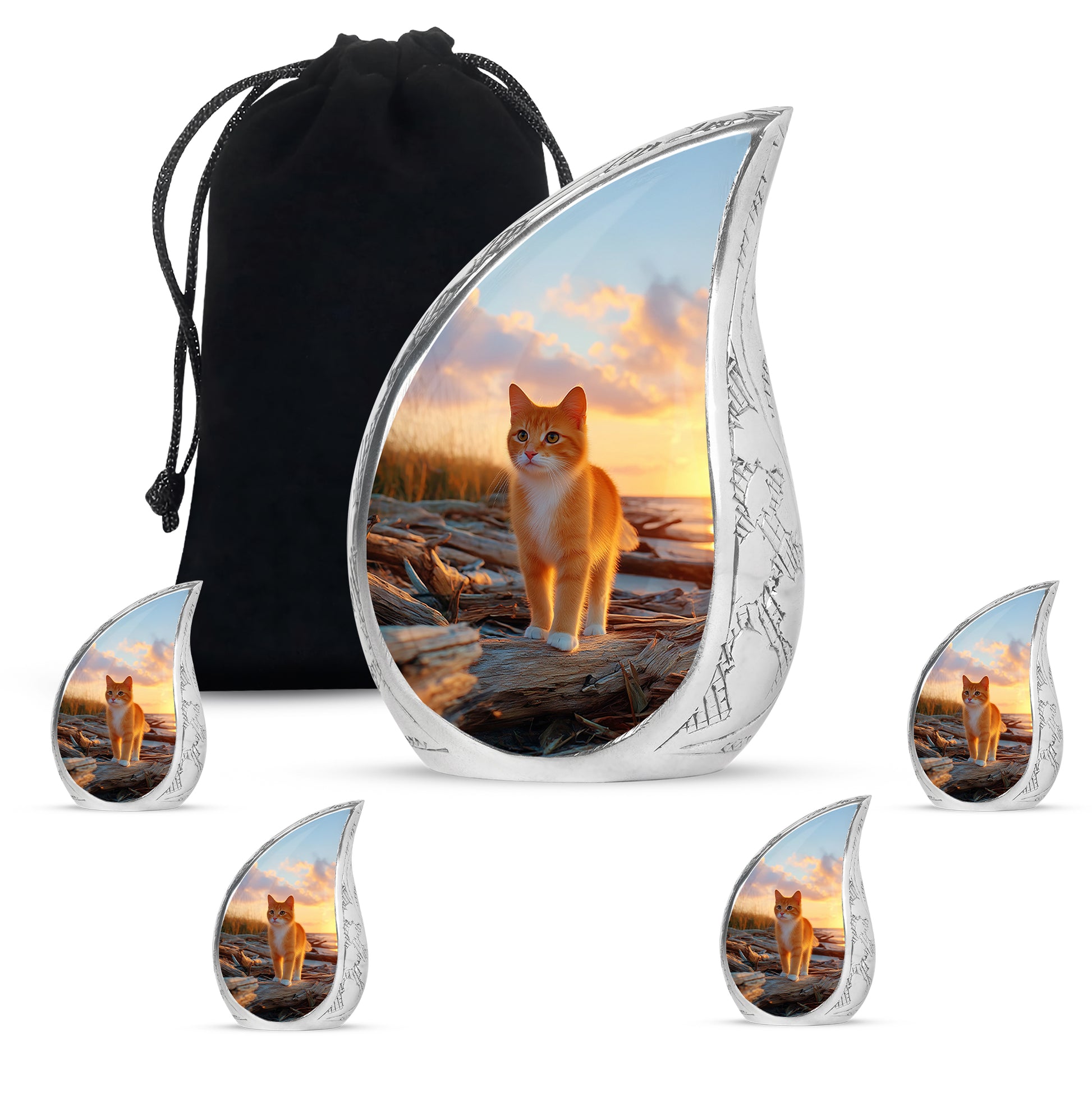 Soft Blue Cat Cremation Urn side profile showing urn shape - graceful tear-shaped urn with cat motif - memorial set with one large and four small urns