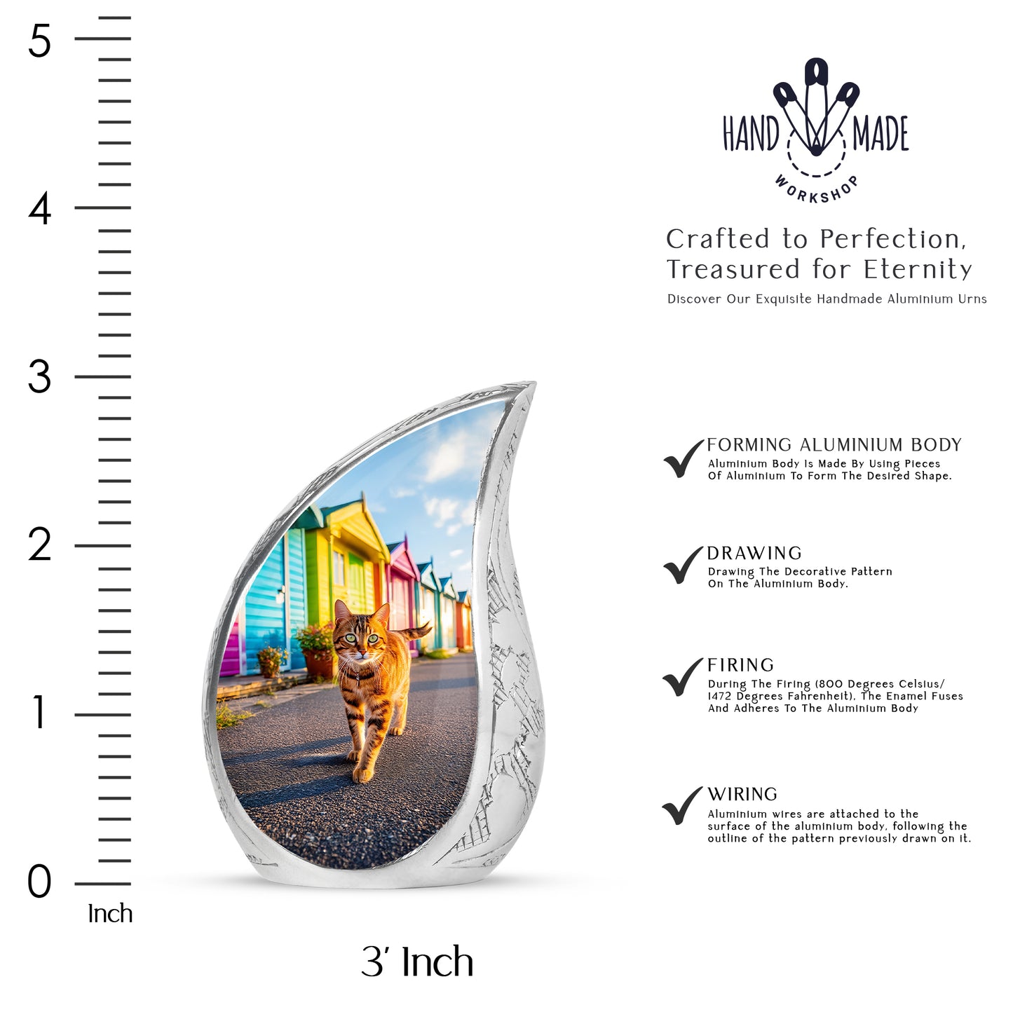 Ocean Teal Cat Cremation Urn angled view of lid and engraved motif - rounded teardrop cat design with delicate detail - mini keepsake memorial for portion of cremation ashes