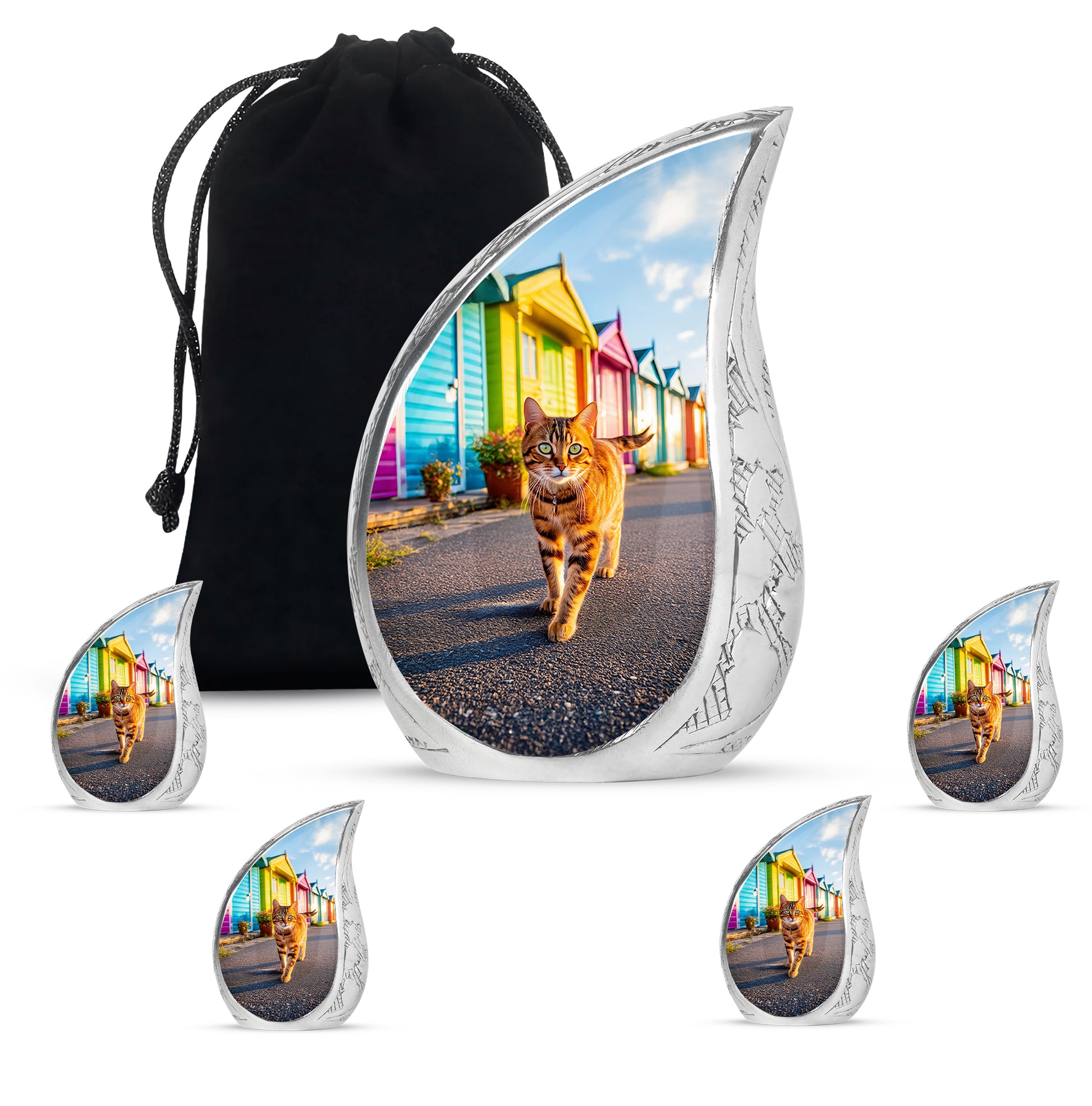 Jewel Teal Cat Cremation Urn side profile showing urn shape - flowing teardrop cat silhouette on curved aluminum - memorial set with one large and four small urns