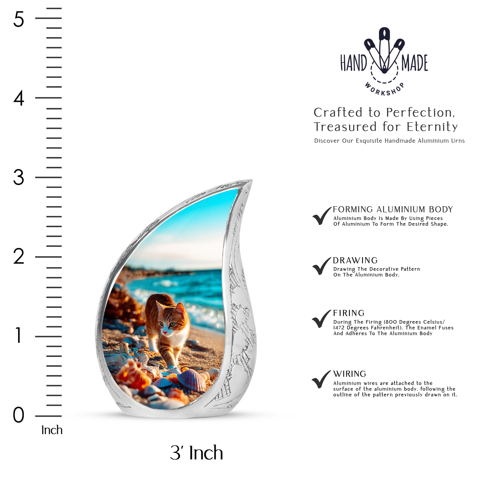 Jewel Teal Cat Cremation Urn angled view of lid and engraved motif - flowing teardrop cat silhouette on curved aluminum - mini keepsake memorial for portion of cremation ashes