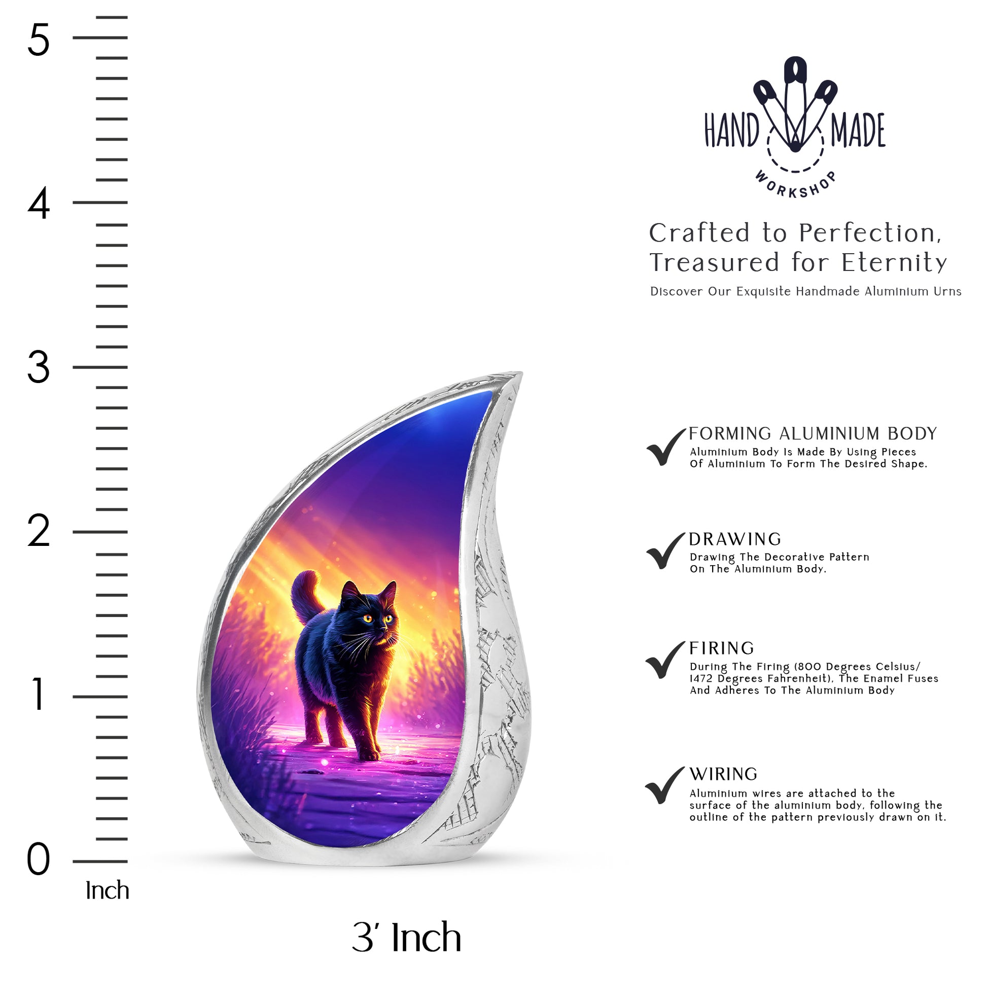 Vintage Pink Cat Cremation Urn angled view of lid and engraved motif - smooth teardrop contour featuring cat art - mini keepsake memorial for portion of cremation ashes